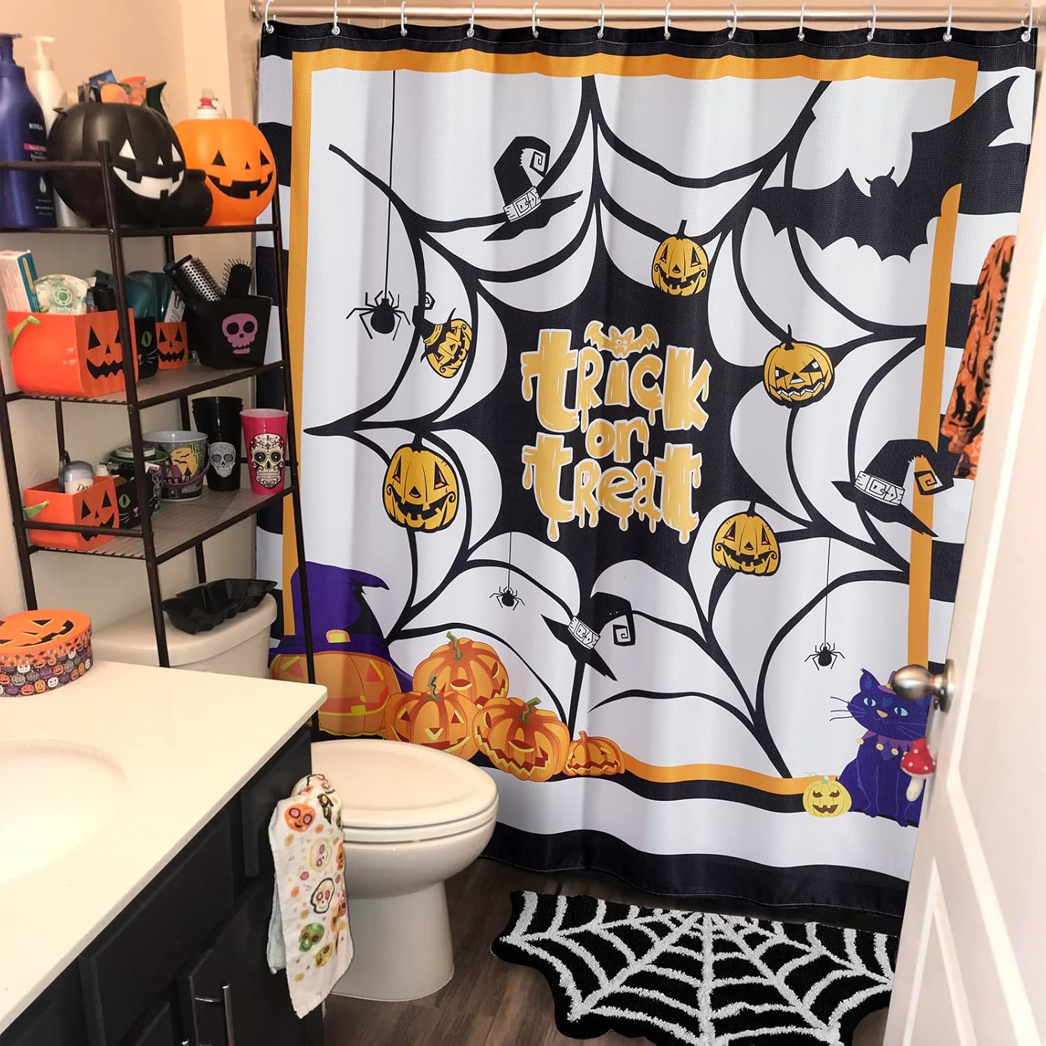 Estmy Alfombra gótica de tela de araña para interiores de Halloween, 2 x 3 pies, de felpa, gótica, bonita, divertida, de Halloween, tapete de baño,