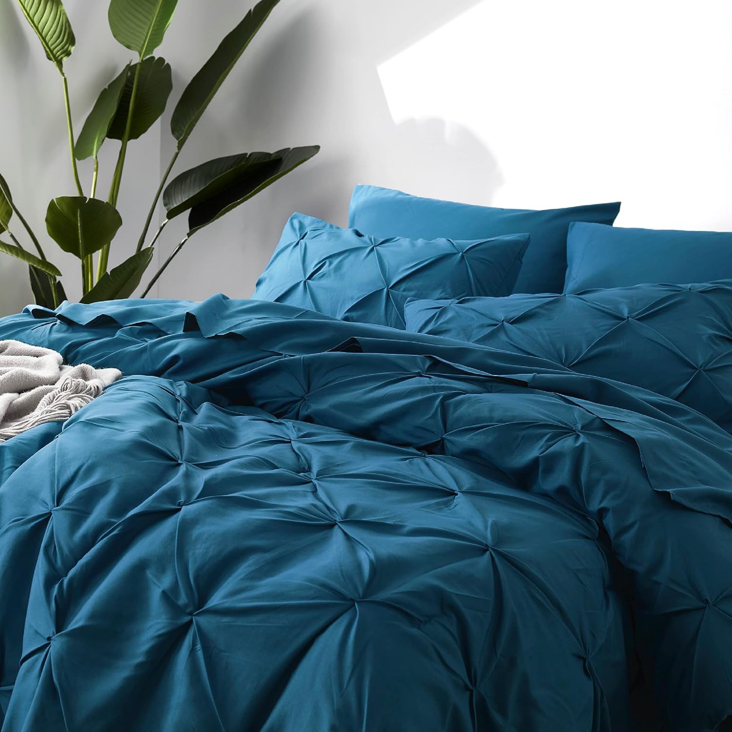 BEDSURE Juego de ropa de cama con edredón tamaño individual de 5 piezas, diseño de pliegues, con edredón, sábanas, funda de almohada y funda
