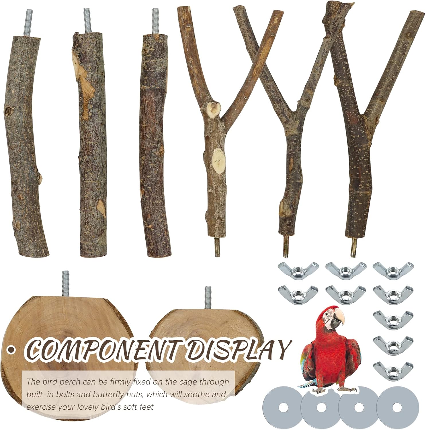 CZWESTC 8 piezas de madera natural para pájaros, perca de madera, soporte de tenedor, juguetes colgantes de múltiples ramas, plataforma de perca,