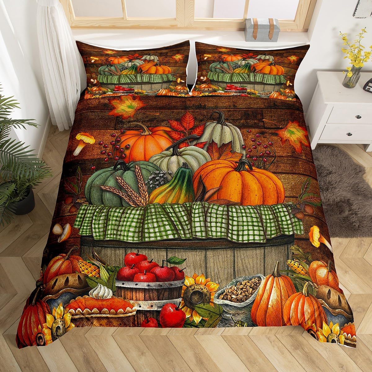 Juego de ropa de cama de cosecha de otoño, tamaño Queen para niños, niñas y mujeres, regalos para el día de Acción de Gracias, funda de edredón