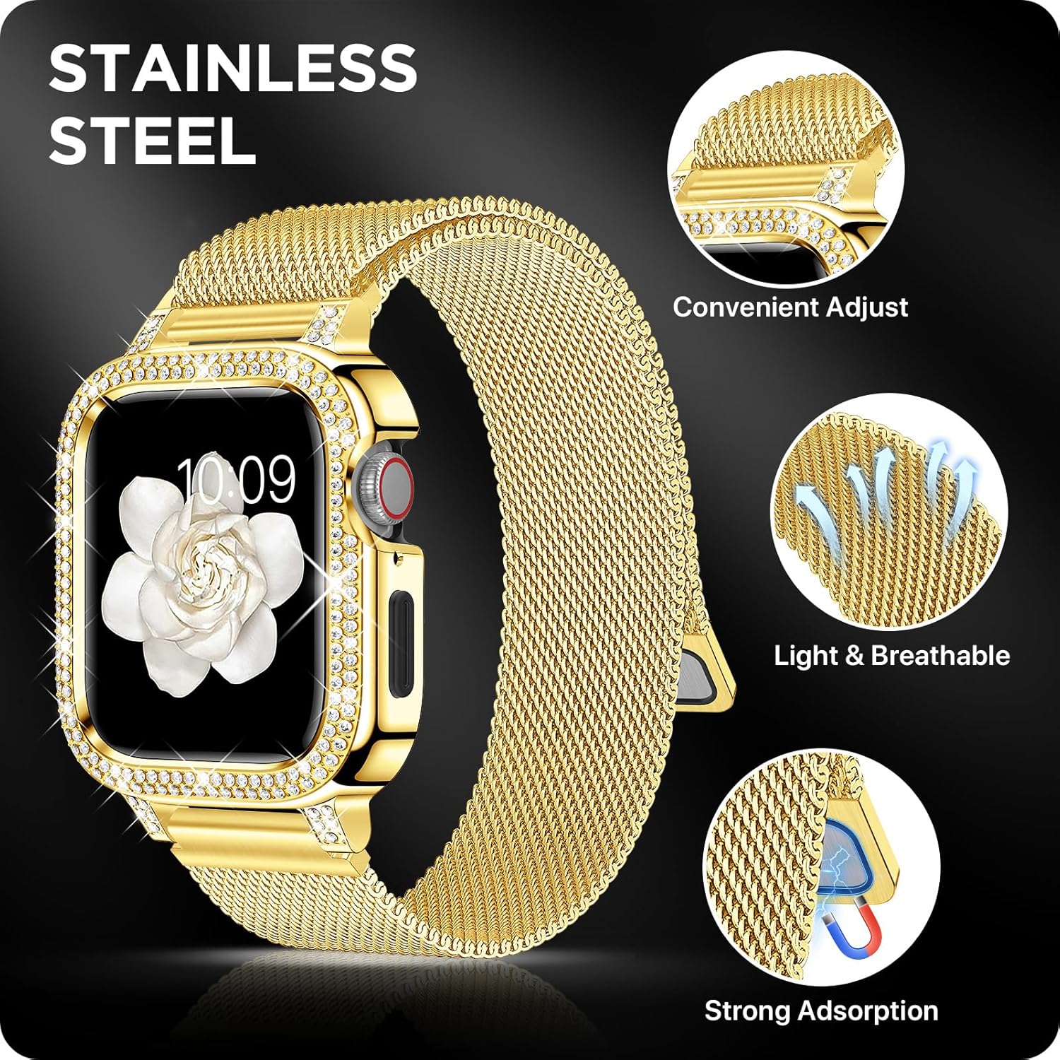 XYF Correas brillantes compatibles con Apple Watch Band de 1.575 pulgadas para mujeres con parachoques, malla de acero inoxidable, magnética, de