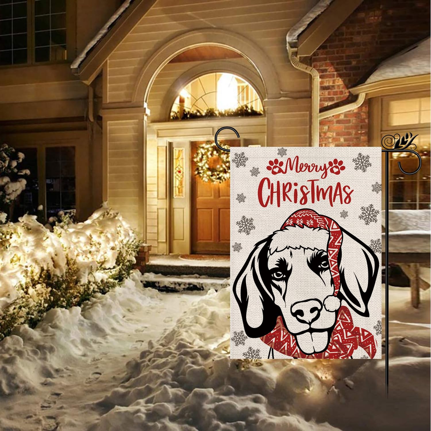 Sombrero de bandera de jardín de Navidad, perro beagle con bufanda, decoración navideña de invierno, vacaciones, arpillera, vertical, doble cara,