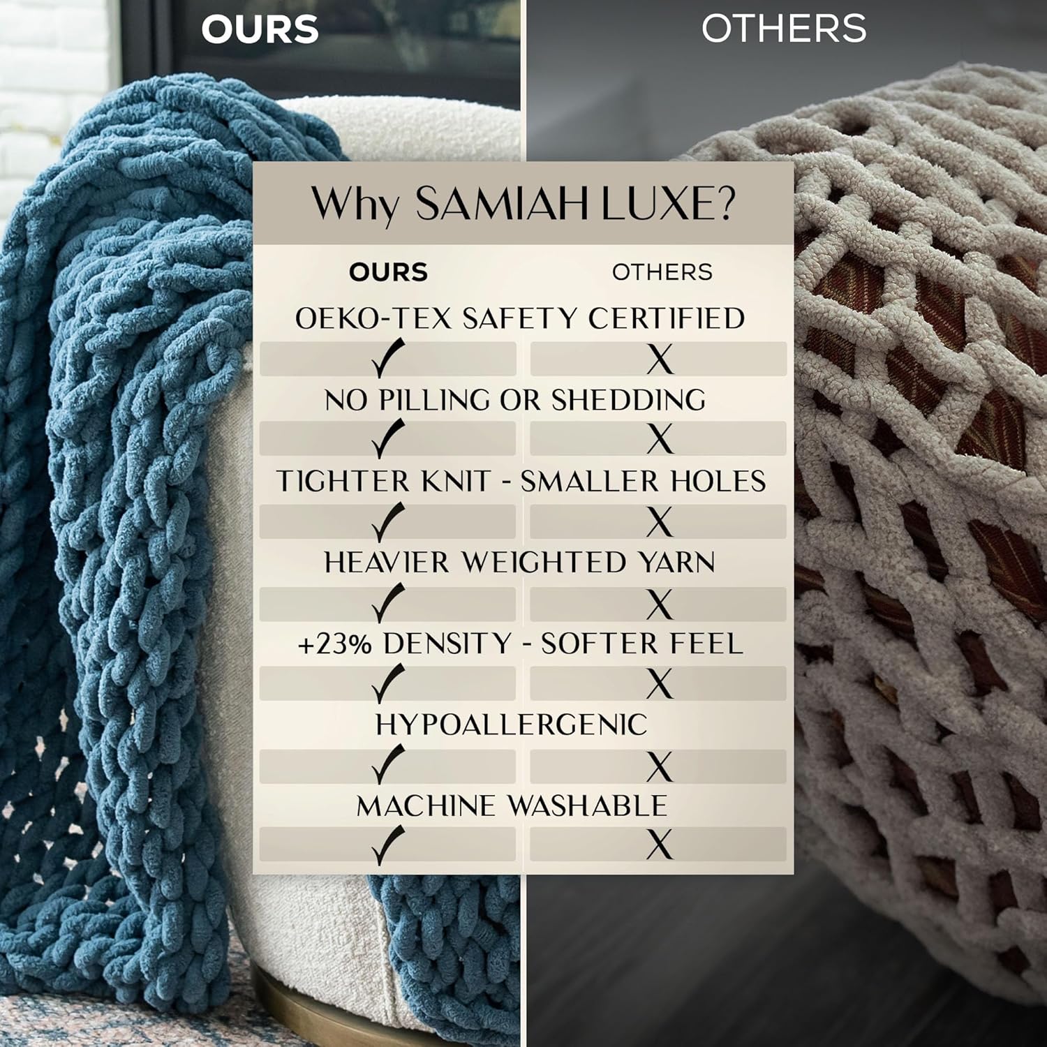 SAMIAH LUXE Manta de punto grueso de 50 x 30 pulgadas, manta de punto grueso de felpilla azul para decoración de sala de estar o decoración bohemia,