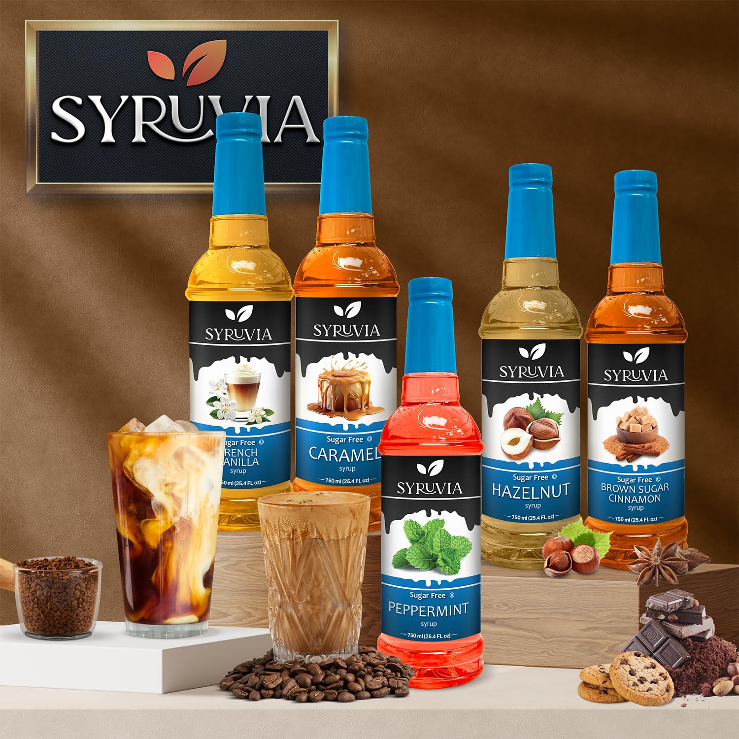 Syruvia Jarabe de café con canela y azúcar morena sin azúcar, 25.4 onzas líquidas, jarabe para café, lattes, batidos, postres, 100% vegano, sin