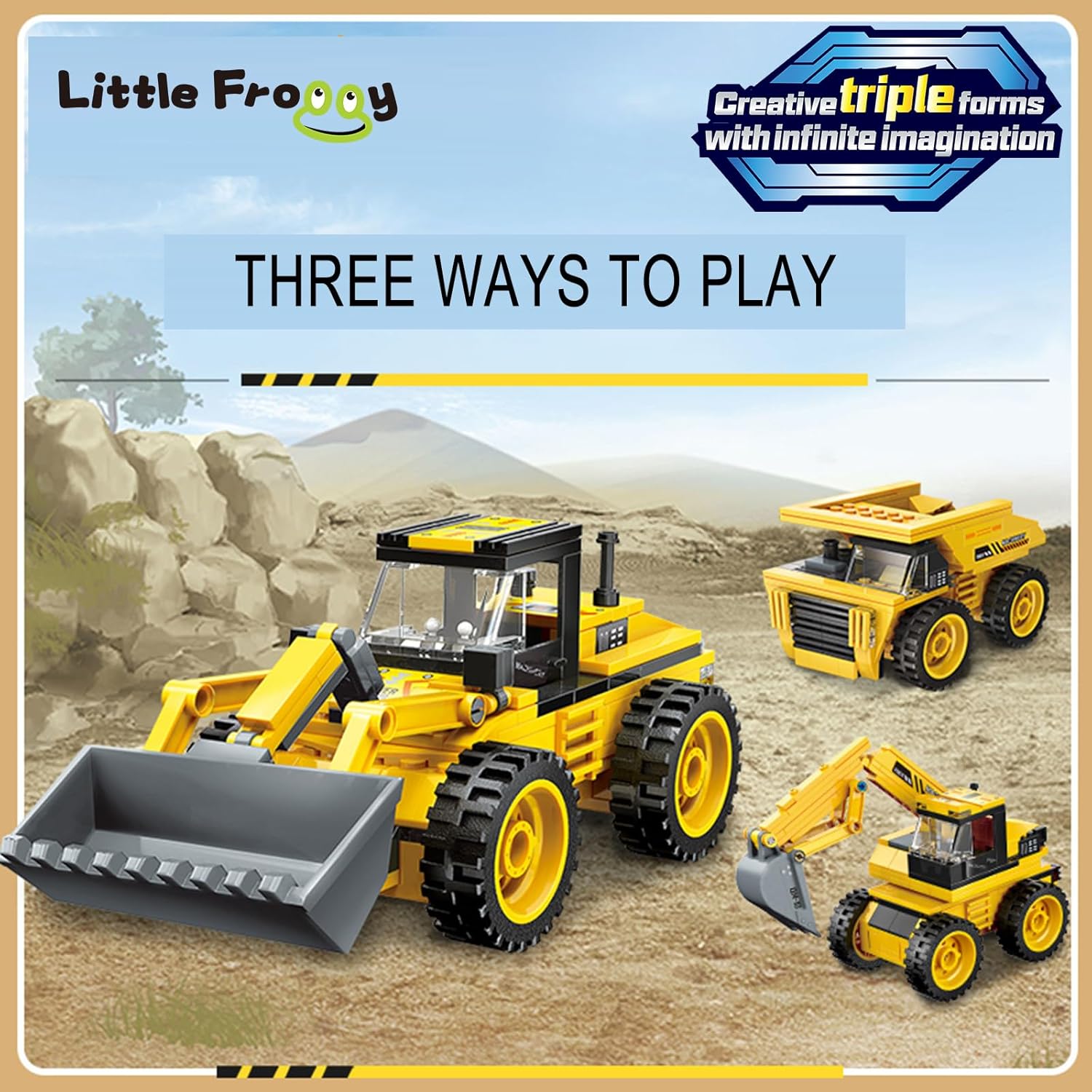 LITTLE FROGGY Vehículo de construcción urbano 3 en 1 con excavadora de ingeniería, cargador de camión volquete compatible con bloques Lego para