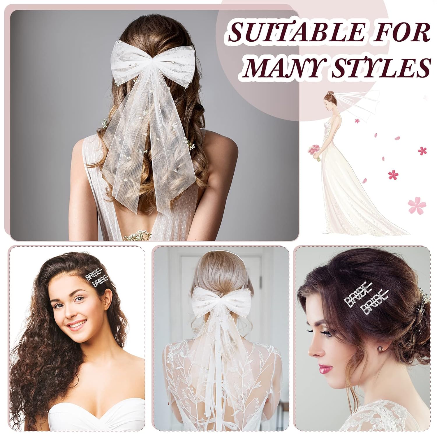 3 piezas de decoraciones de despedida de soltera, lazo blanco perla nupcial para el cabello, pinzas para el cabello plateadas, clips de letras para