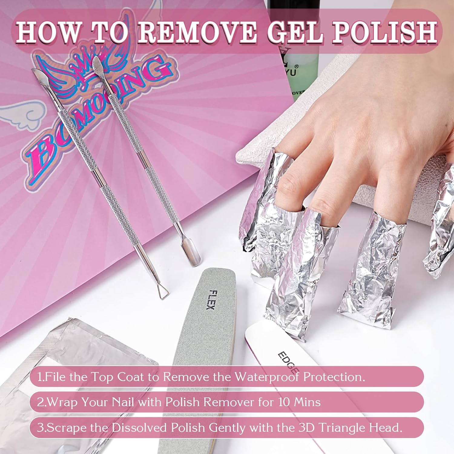 200 envolturas de uñas de aluminio para eliminación de polvo de inmersión acrílico, kit de removedor de esmalte de gel con 1 empujador de cutículas,