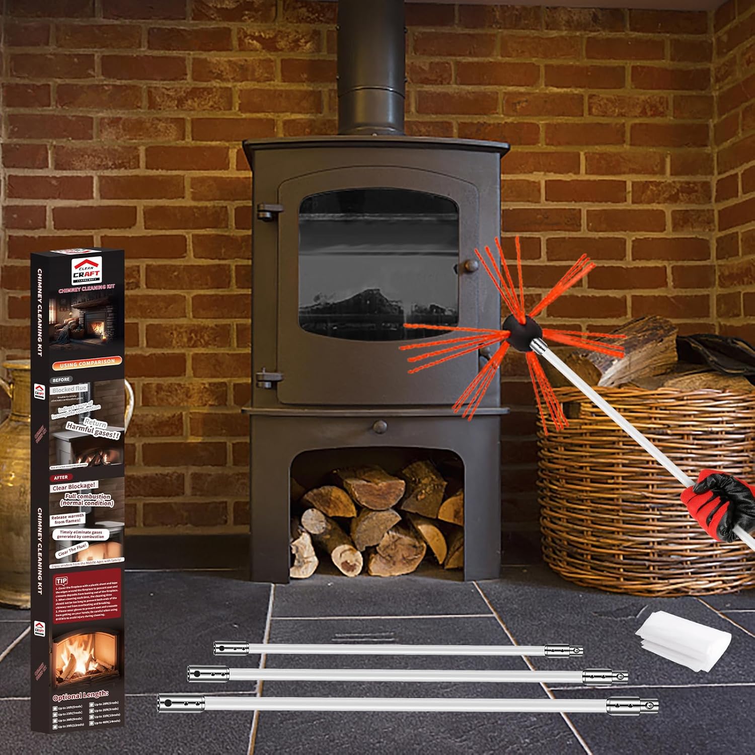 Kit de limpieza de chimenea de 39 pies, limpiador ergonómico de chimenea, sistema de limpieza de chimenea giratorio impulsado por taladro, cepillo