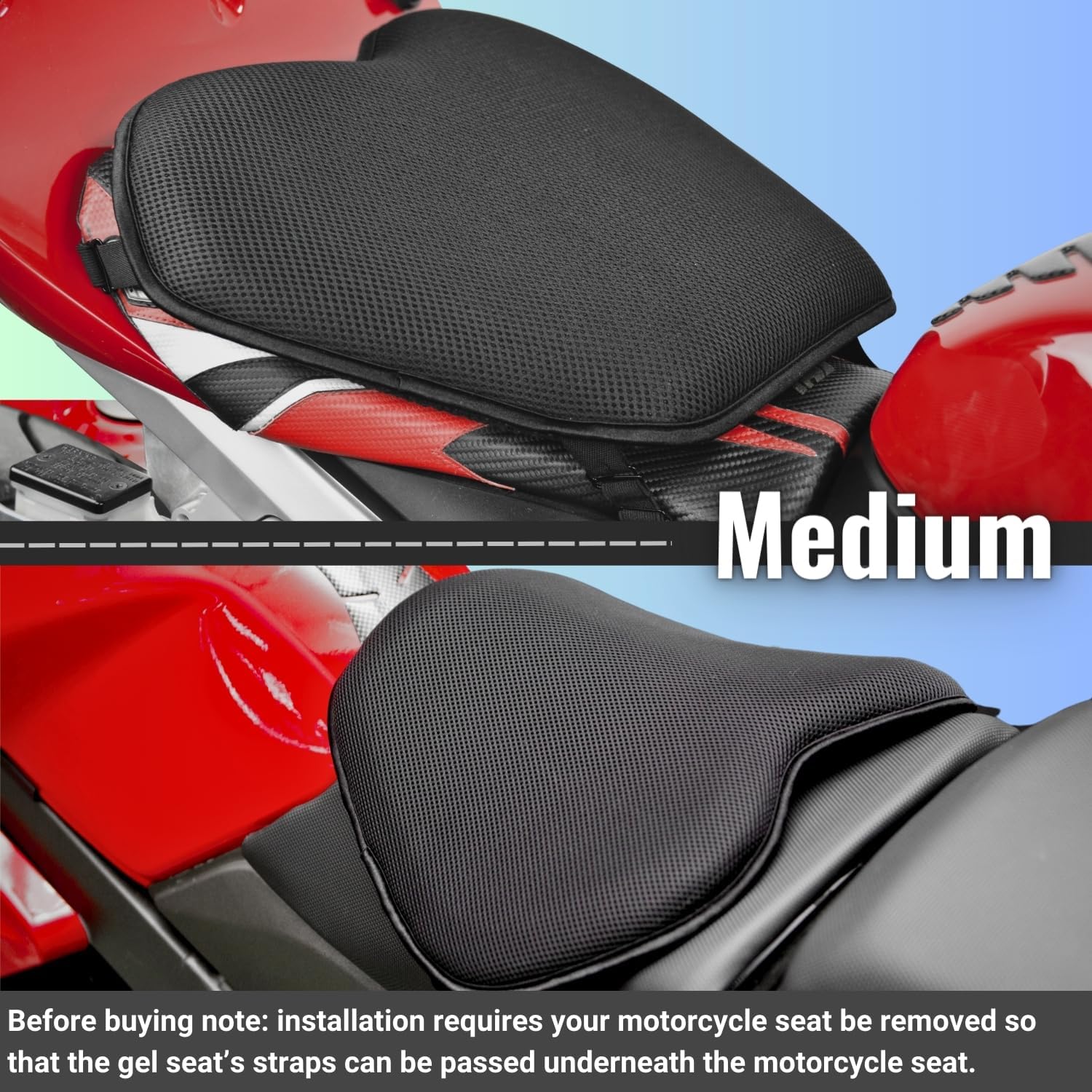 GEARS X-Tender – Almohadilla de asiento de gel para motocicleta para asiento principal de motociclista, motocicletas deportivas, hipermotos y