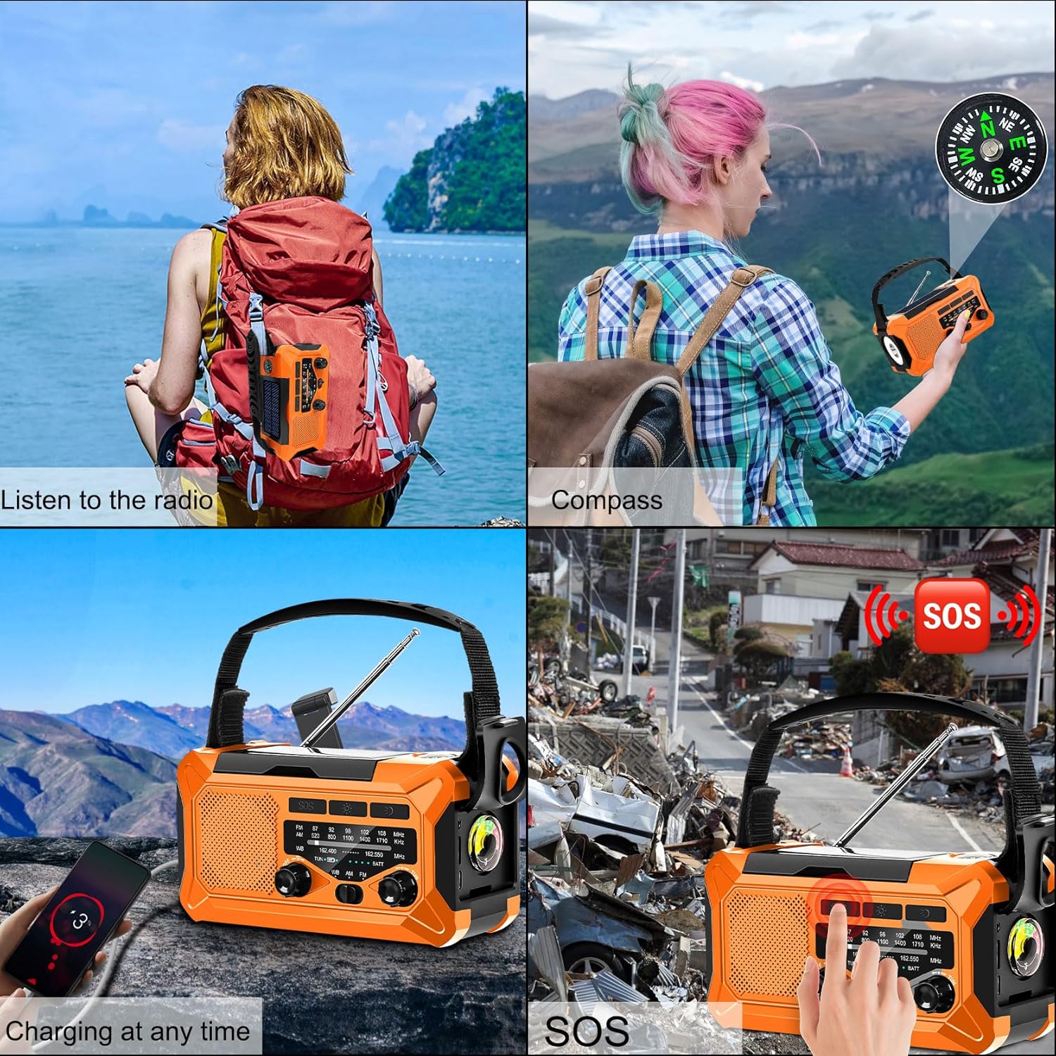 Radio meteorológica de emergencia de 10000 mAh con carga solar, manivela y carga tipo C, radio portátil AMFMNOAA, linterna LED, brújula de lámpara