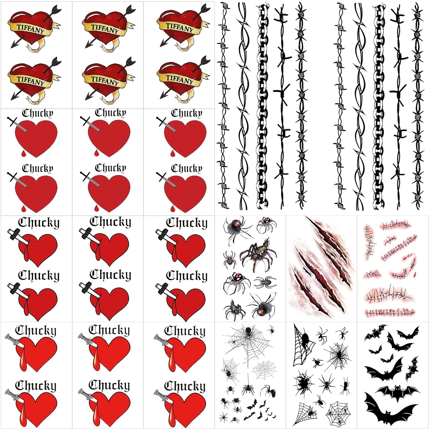 24 tatuajes de novia de Chucky, 4 estilos diferentes, tatuajes de Tiffany y calcomanías de Tucky, disfraz de Tiffany para novia de Chucky, perfecto