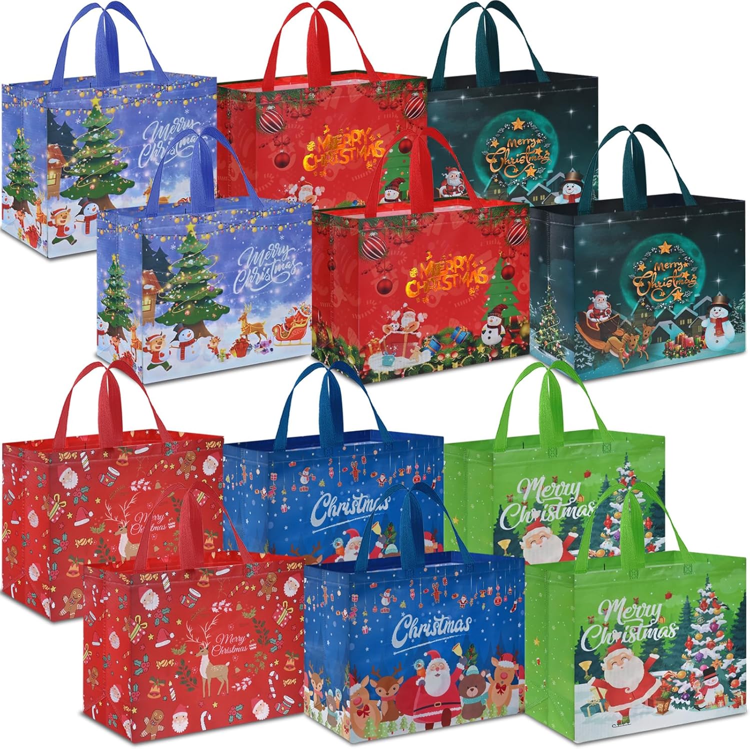 AhfuLife 12 bolsas de regalo de Navidad extra grandes, 15.7 x 14.2 x 5.9 pulgadas, bolsas de Navidad con asas, bolsas de compras de Navidad