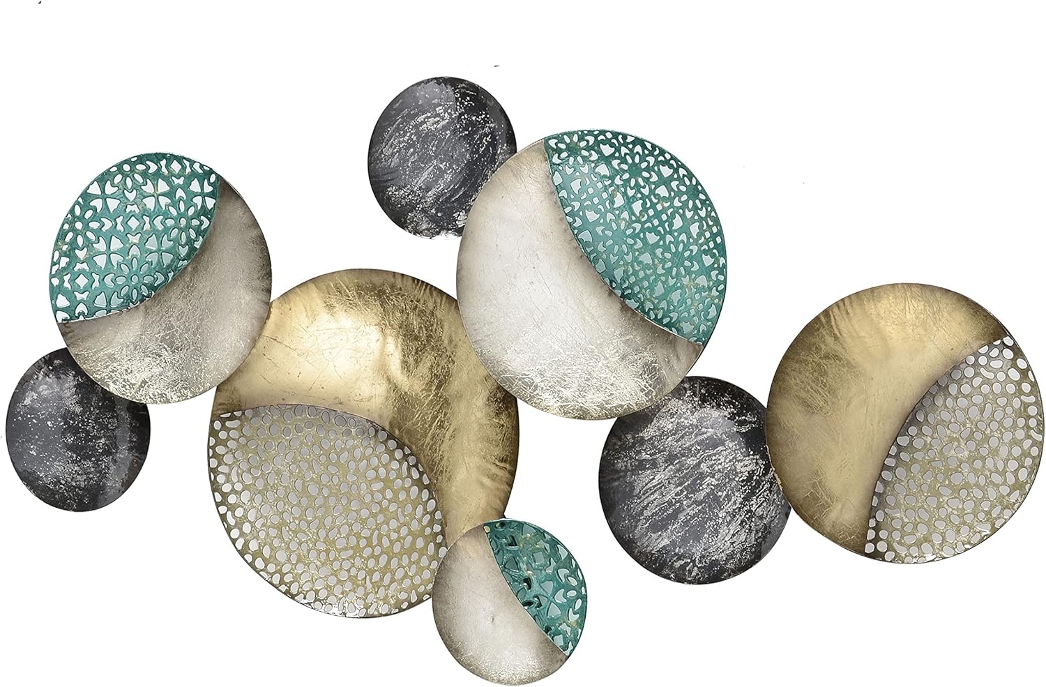 WHW Whole House Worlds MODERNIST HOME Círculos flotantes, arte abstracto de pared de metal, hecho a mano, dorado dorado, negro, blanco y gris