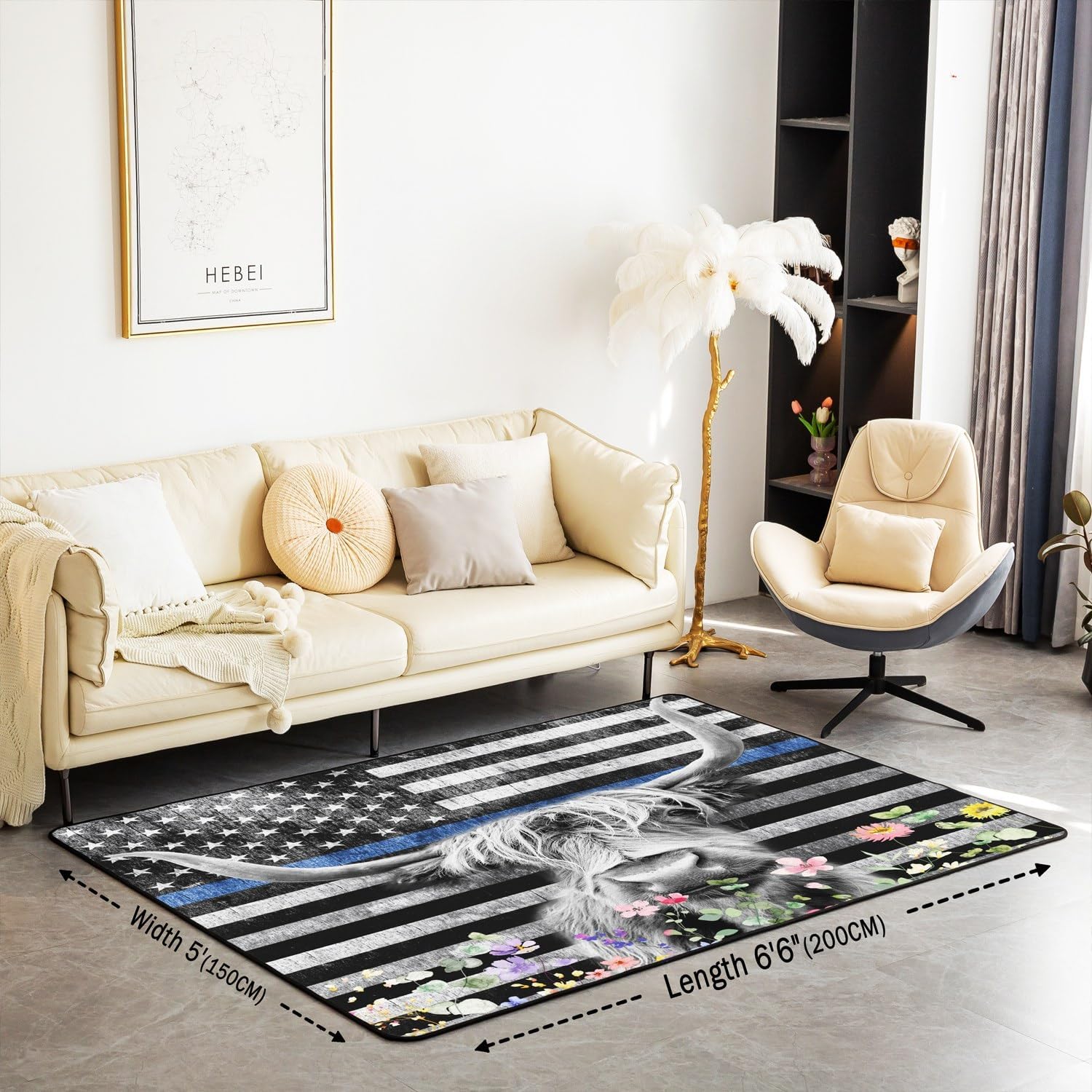 Highland – Alfombra decorativa de vaca de 5 x 7 pulgadas, diseño de bandera estadounidense, para niños y niñas, diseño floral, para sala de estar,