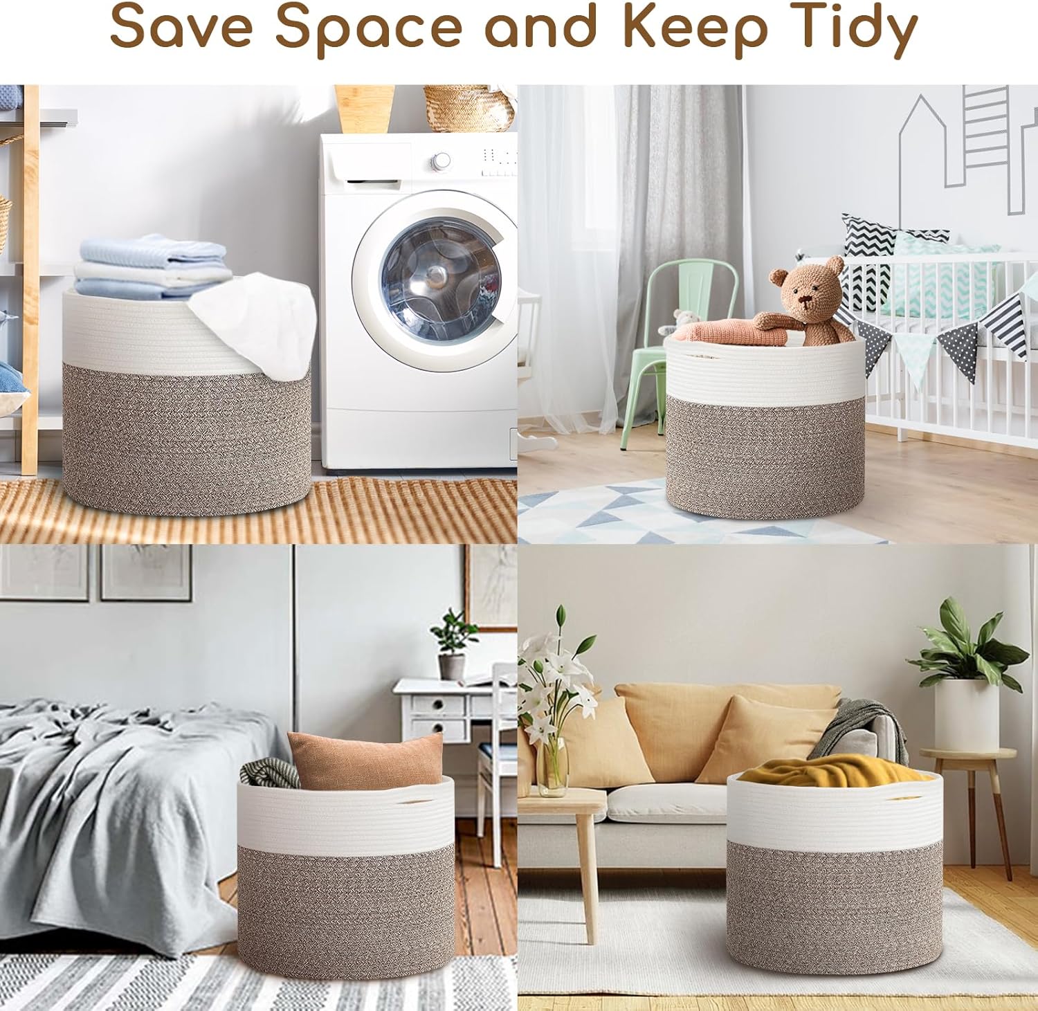 Cesta de cuerda de algodón extragrande de 24 x 24 x 17.3 pulgadas para sala de estar, canasta tejida para ropa sucia para bebé con asas, contenedor