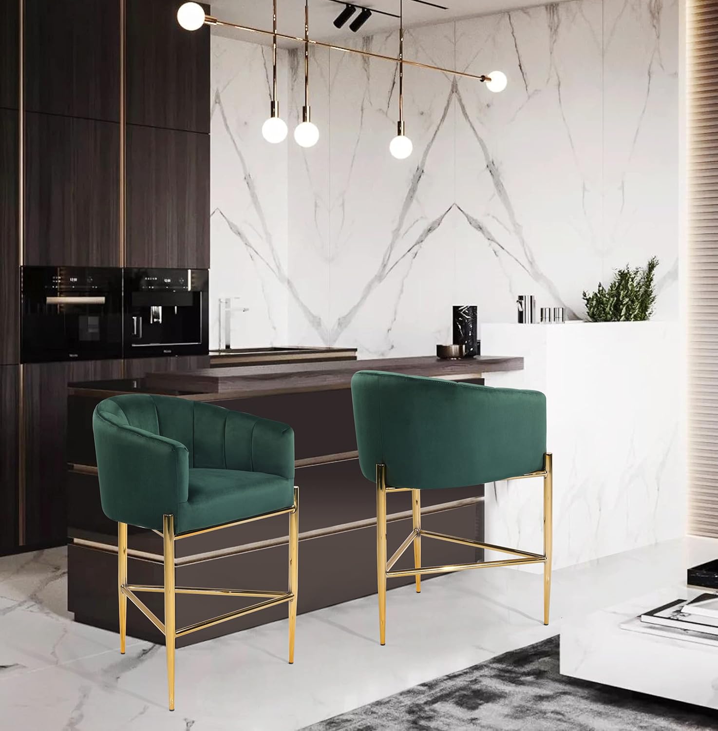 Iconic Home Cyrene – Taburete para mostrador, tapizado de terciopelo, diseño de carcasa de brazo de refugio, 3 patas, tono dorado, base de metal