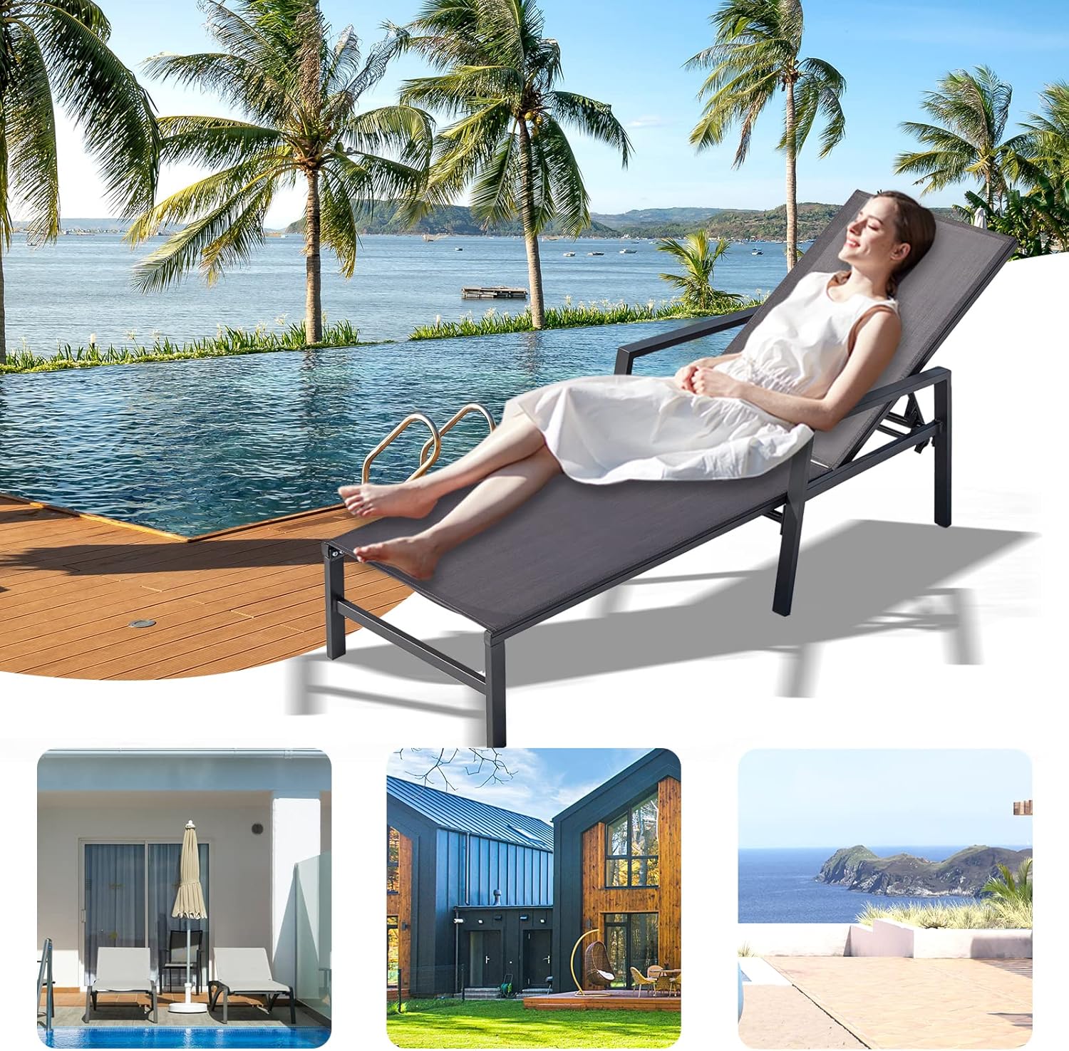 Juego de 2 tumbonas ajustables de aluminio para patio, reposabrazos con respaldo de 5 posiciones ajustables, silla reclinable para piscina,