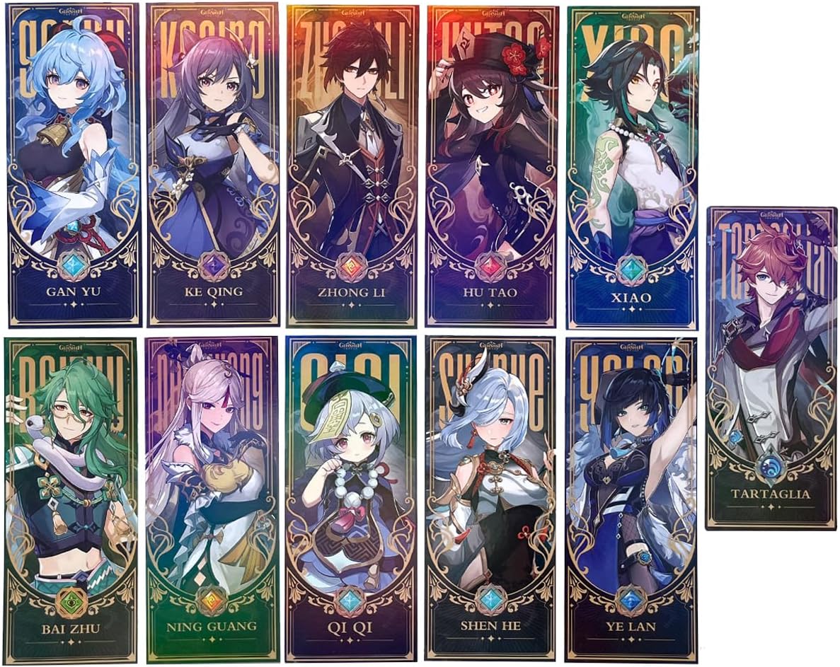 Genshin Impact – Marcadores de tarjetas de regalo, 6.3 x 2.55 pulgadas, marcadores de tarjetas de papel de impresión láser para colección o uso de
