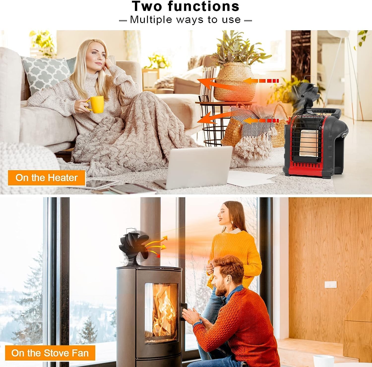Ventilador de estufa de leña alimentado por calor, ventilador de chimenea de 4 aspas con soporte compatible con calentador Buddy, ventilador de