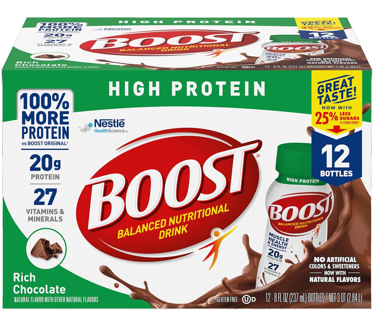 Boost Bebida rica en proteínas de chocolate, 8 onzas líquidas, 12 por paquete, 2 paquetes por caja.