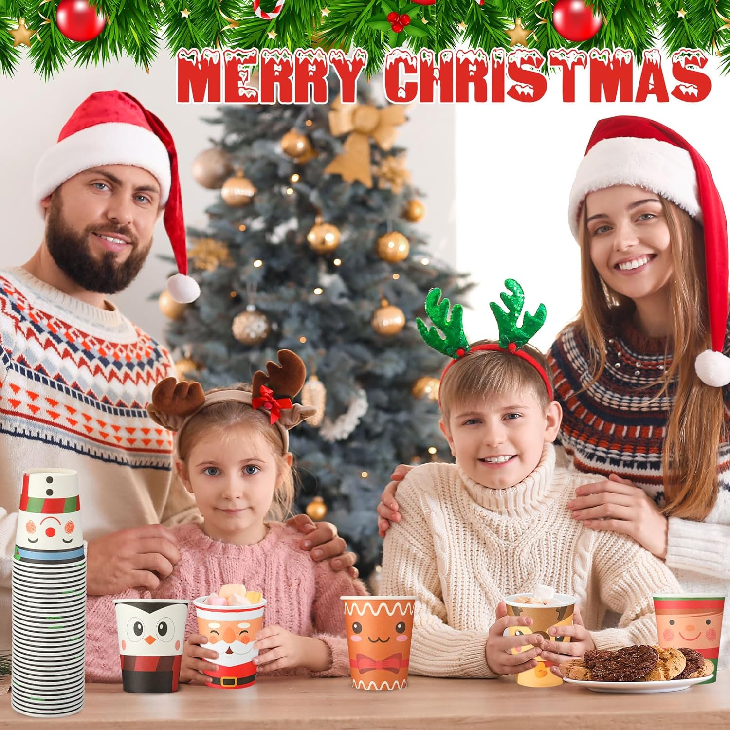 300 vasos de papel de Navidad desechables de 9 onzas, tazas de café de Navidad, tazas de café de Navidad, elfo, muñeco de nieve, tazas de Papá Noel,