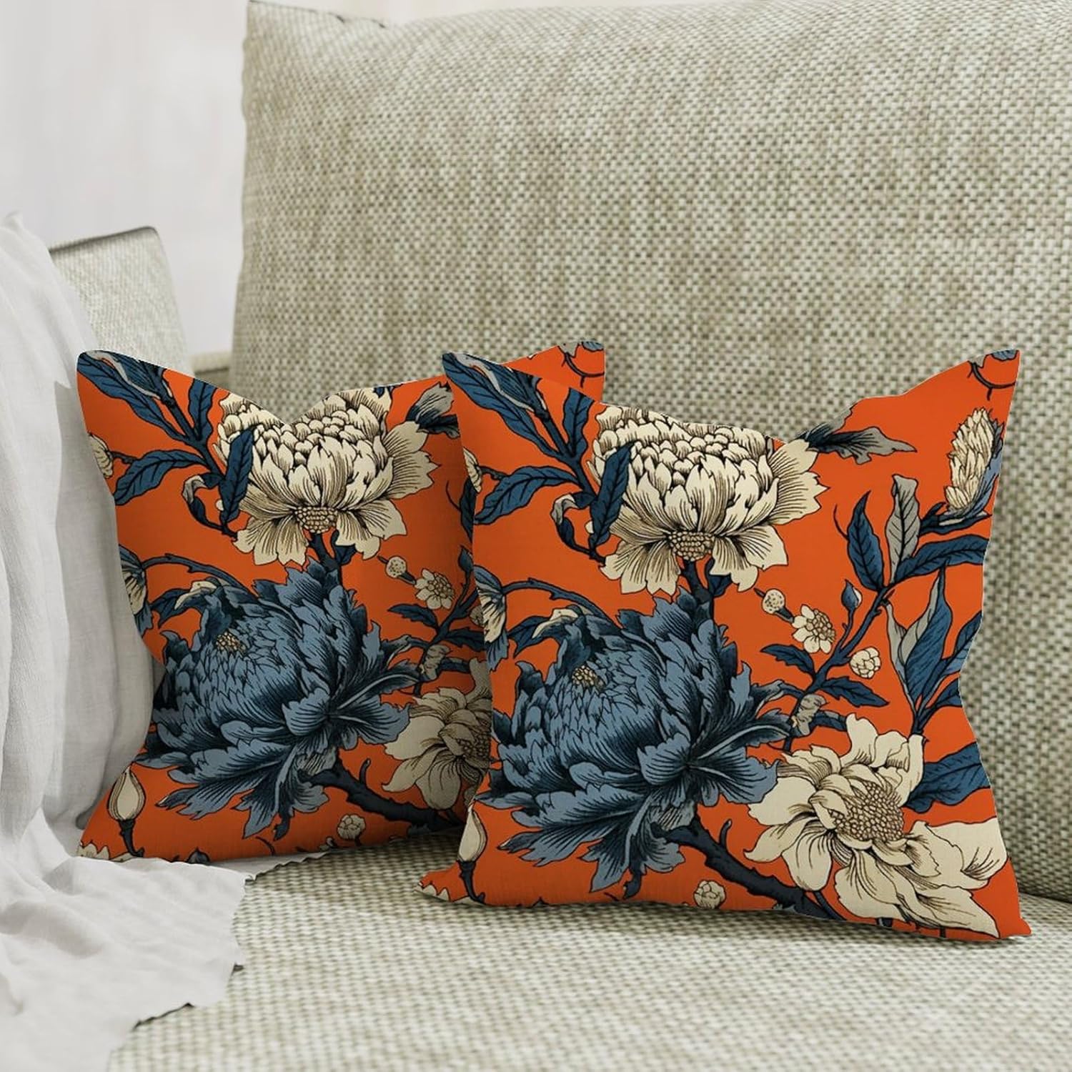 Chinoiserie – Juego de 2 fundas de almohada de flores de caqui, color azul marino, naranja, crema, floral, fundas de cojín inspiradas en Asia de 16
