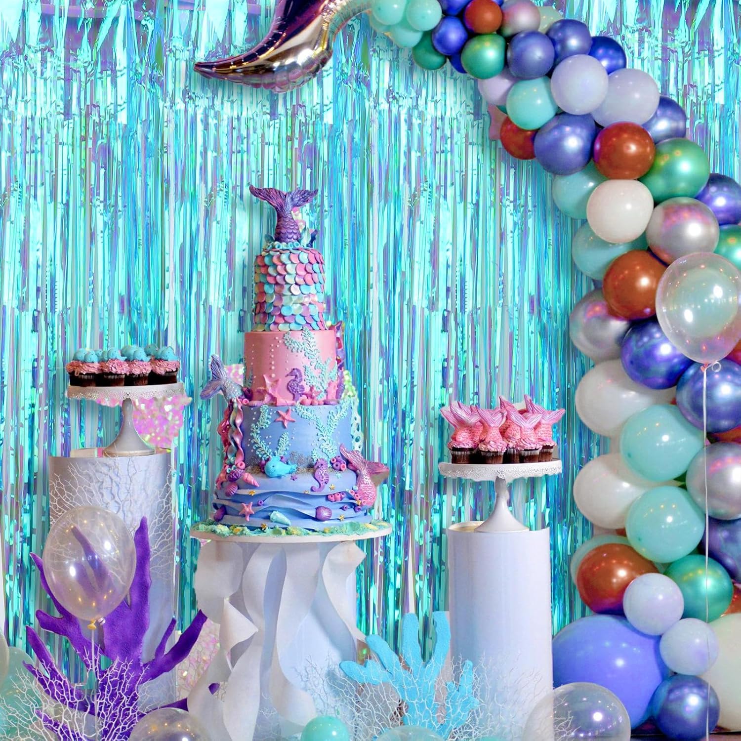 3 Pack Summer Beach Party Decorations Holographic Tinsel Foil Fringe Curtain Backdrops for Iridescent Party Under The Sea Party Birthday Party