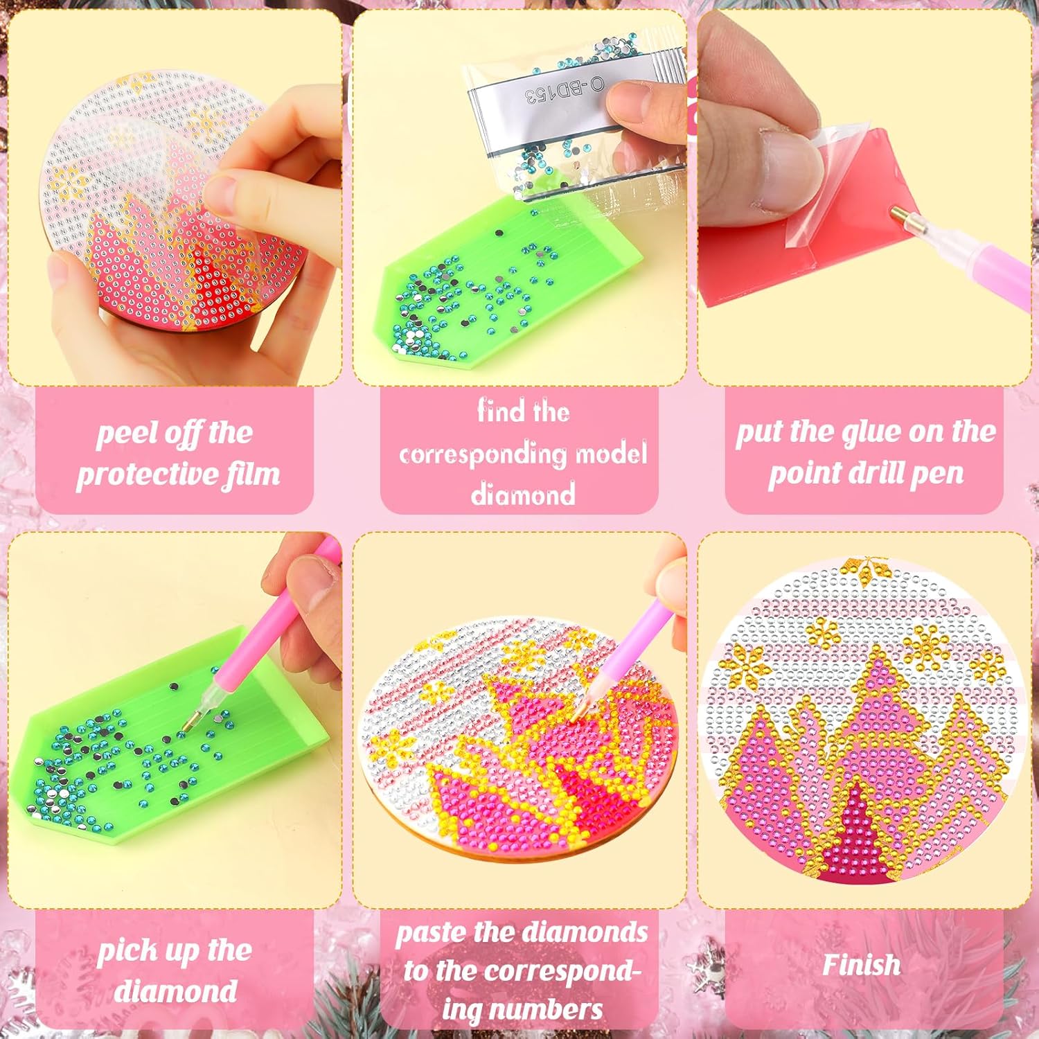 XEFINAL Pinturas artísticas de diamantes rosas de Navidad, posavasos de diamantes rosa, kits de pintura artística de diamantes para adultos,
