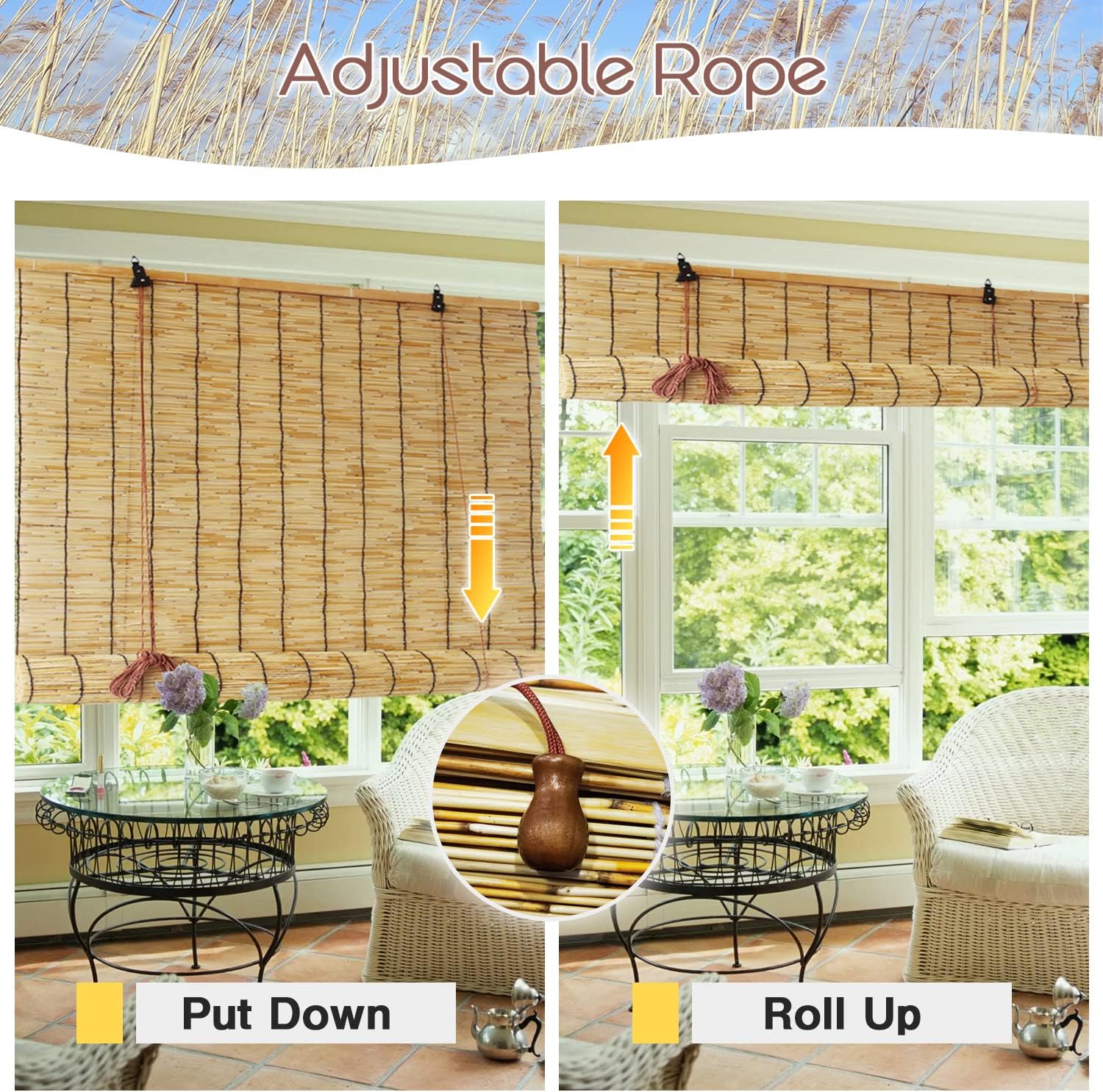 Persianas enrollables de bambú para exteriores, persianas romanas de varillas para patio, cortina de caña con elevador, ventana de porche, persianas