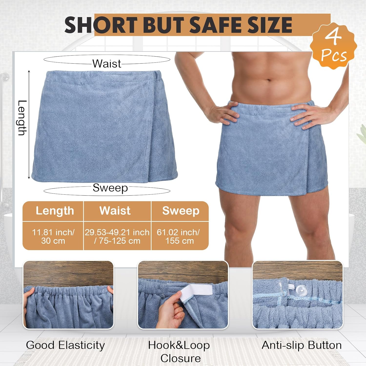 Mixweer 4 piezas de toallas de baño para hombre, pantalones cortos, envoltura de ducha para hombres, 11.81 pulgadas, toalla con cierre para hombre,