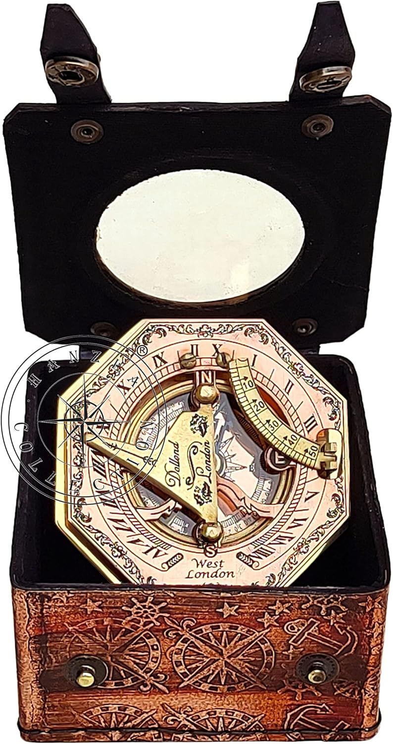 Brújula de reloj de sol de latón pulido y cobre, reloj de sol antiguo, reloj de sol en caja de cuero, regalo de réplica de barco