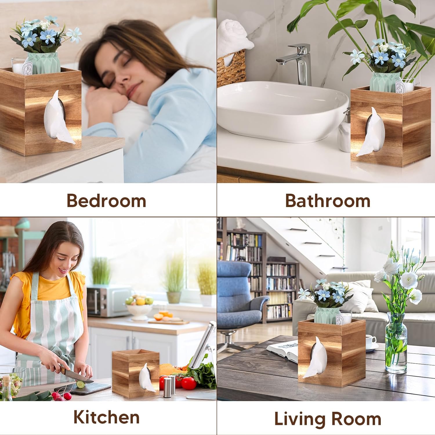 Funda para caja de pañuelos, cubierta de caja de pañuelos de madera con bandeja de almacenamiento cuadrada para caja de pañuelos para baño,
