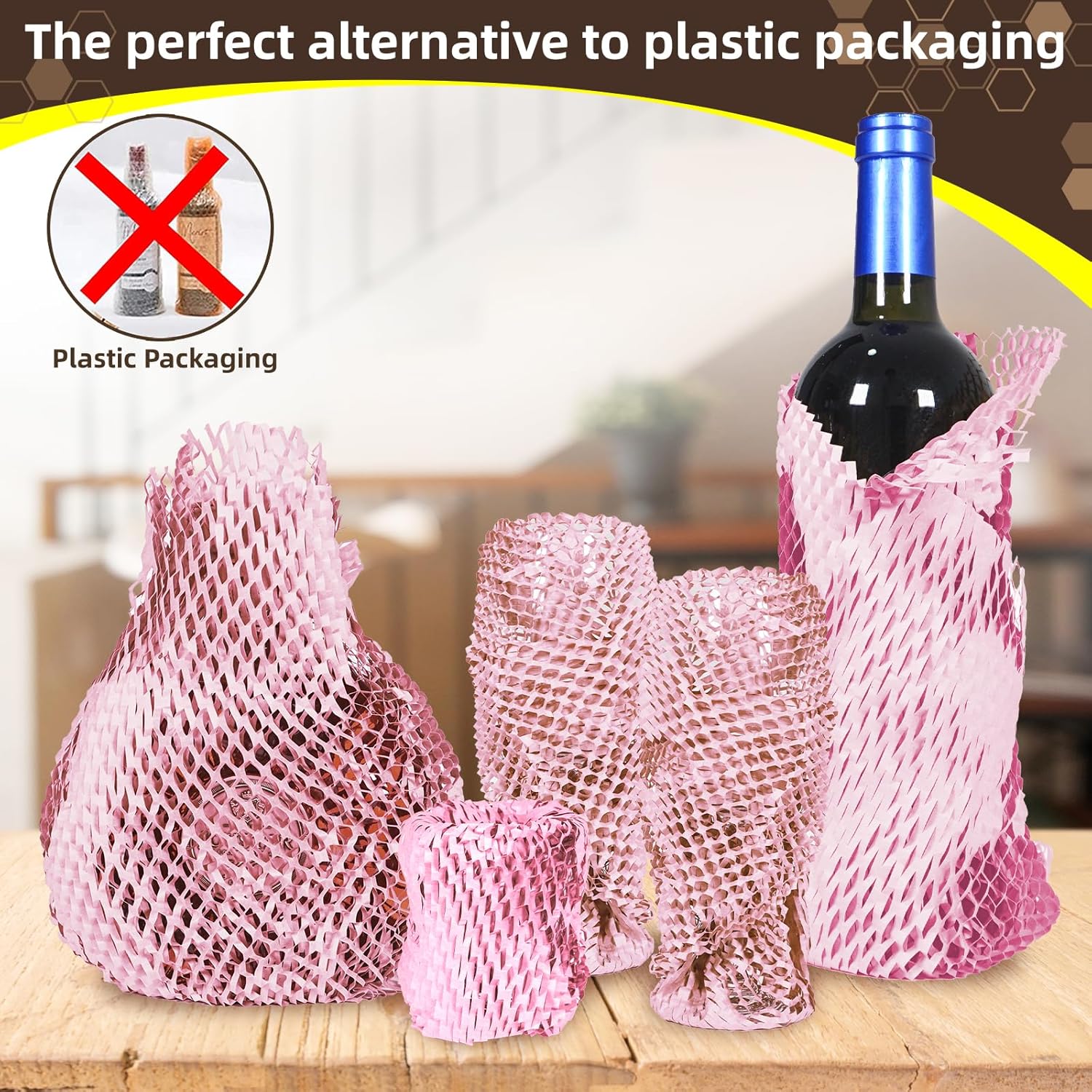 Envoltura de papel de embalaje de panal rosa de 12 x 200 pies, alternativa sostenible al envoltorio de burbujas para envíoregalo, envoltura de papel