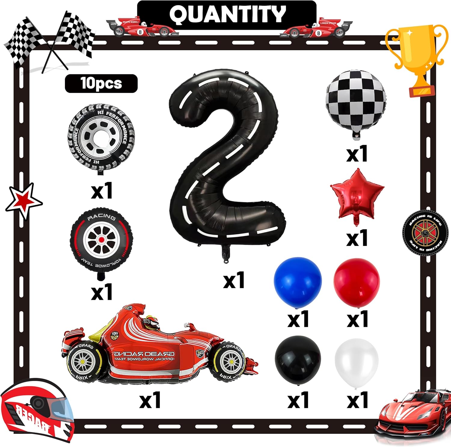 10 globos de 2 cumpleaños de auto de carreras, decoración de fiesta temática de auto de carreras número 2, globos de número de carreras, juego de