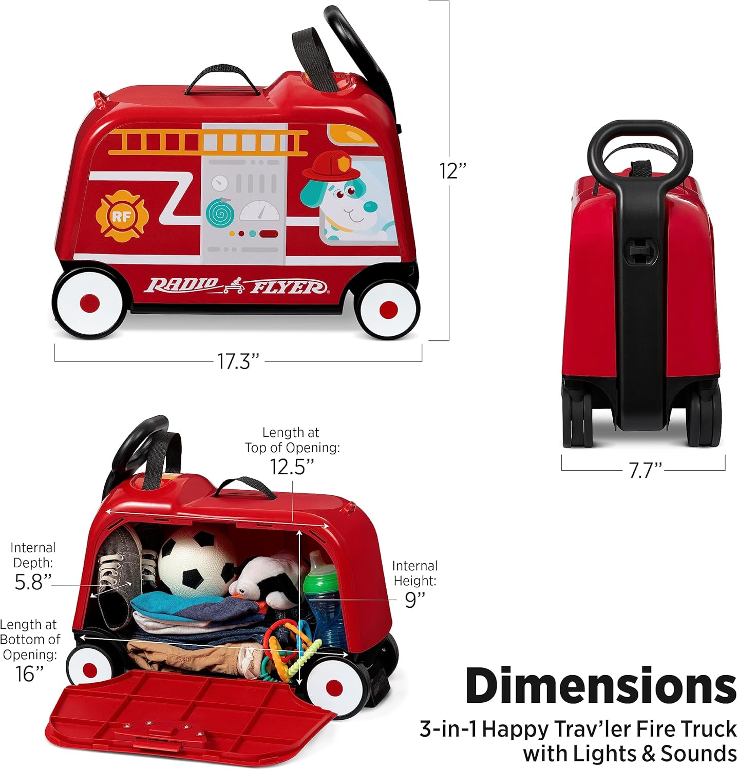 Radio Flyer Camión de bomberos Happy Trav’ler 3 en 1 con luces y sonidos, juguete para llevar, almacenamiento de mano para niños pequeños, edades de