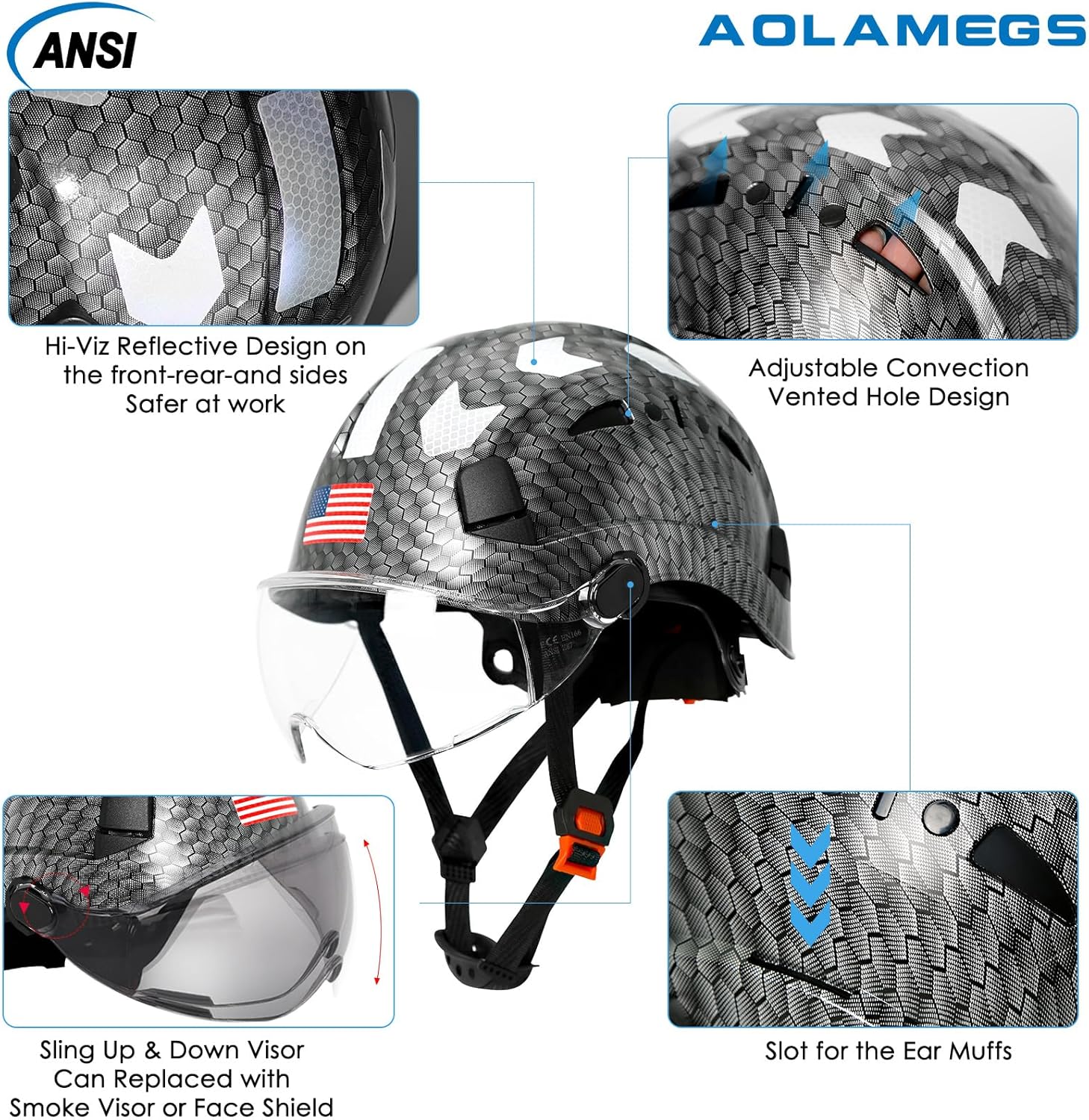 Cascos cascos con patrón de fibra de carbono  Construcción aprobado por la OSHA, ANSI Z89.1 Tipo 1 Clase C Casco de seguridad ajustable ventilado