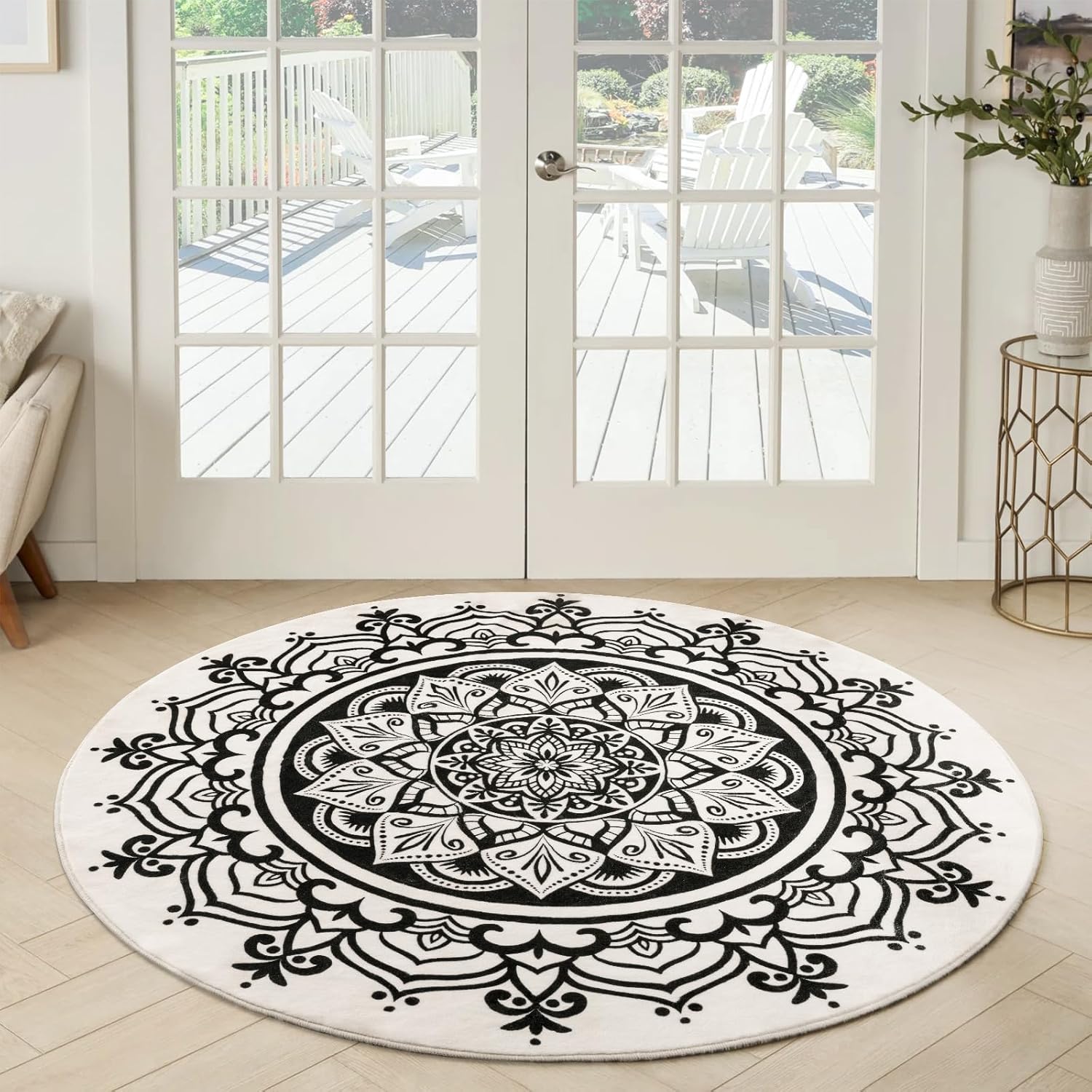 Carvapet Alfombra redonda pequeña de 3 pies con estampado de mandala, antideslizante, lavable a máquina, alfombra suave para tocador, entrada, baño,
