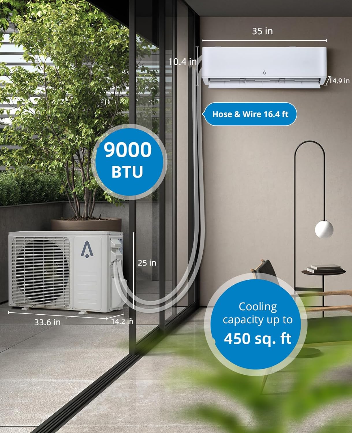Mini sistema de calefacciónaire acondicionado dividido de 9,000 BTU, inversor de aire acondicionado dividido 23 SEER, enfría habitaciones de hasta