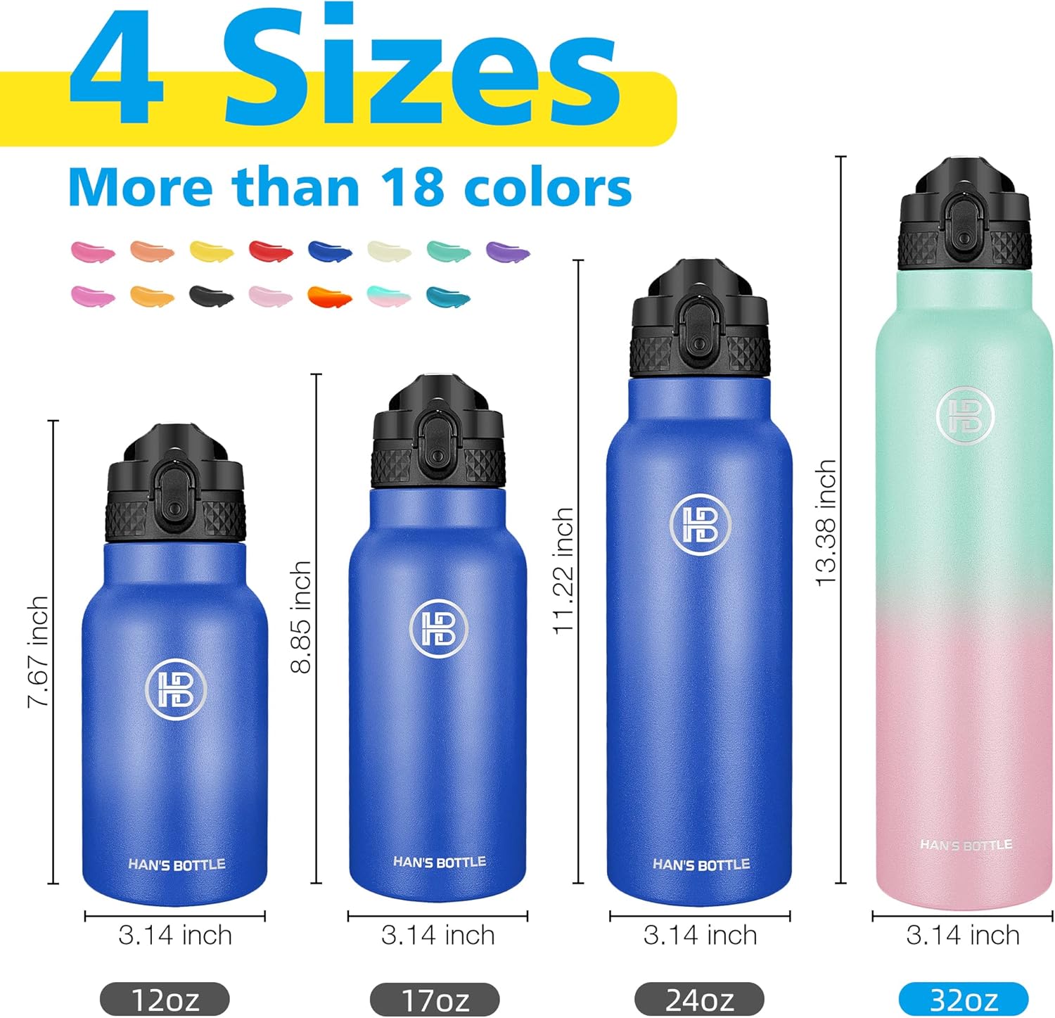 Han’s Bottle Botella de agua deportiva de 32 onzas, tapa con pajilla, a prueba de fugas, acero inoxidable aislado al vacío, doble pared, taza