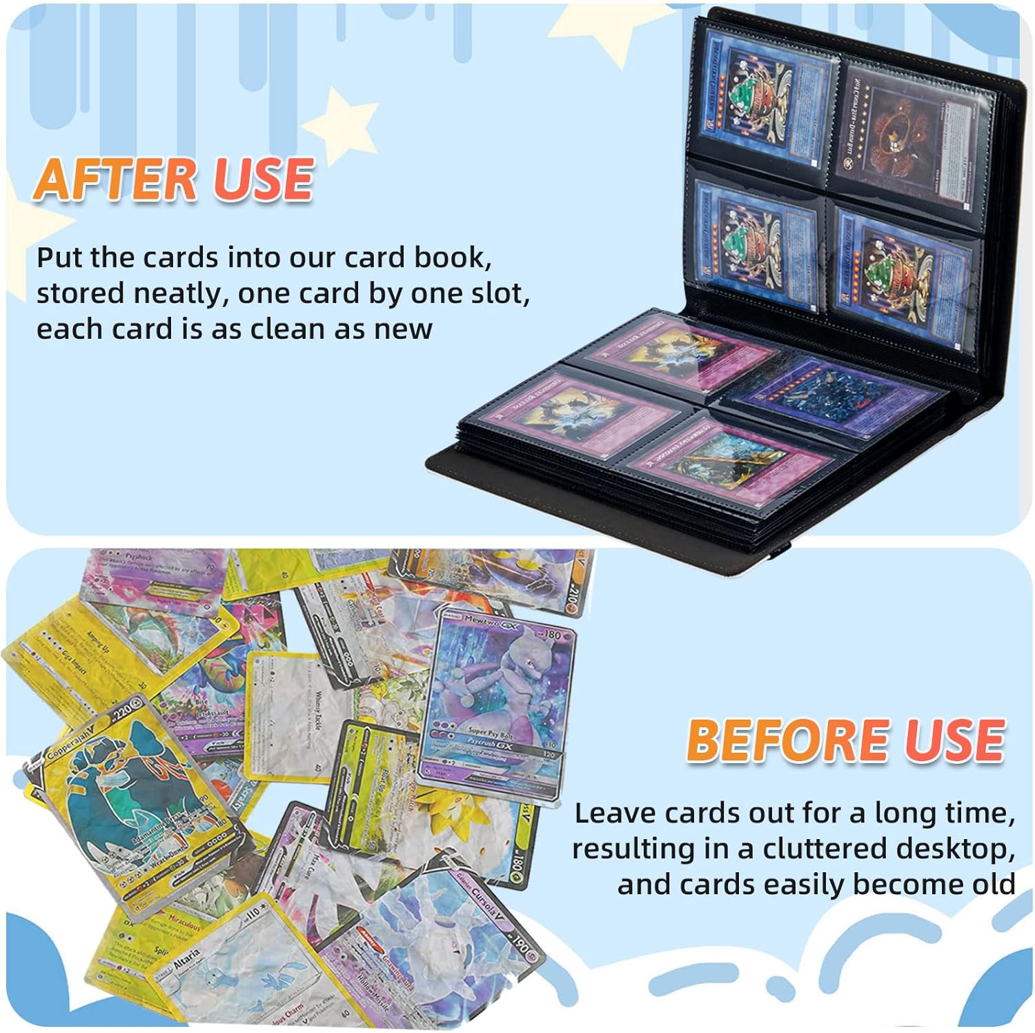 Carpeta para tarjetas coleccionables de 4 bolsillos, 160 tarjetas, libro con banda elástica que se adapta a la mayoría de tarjetas de tamaño
