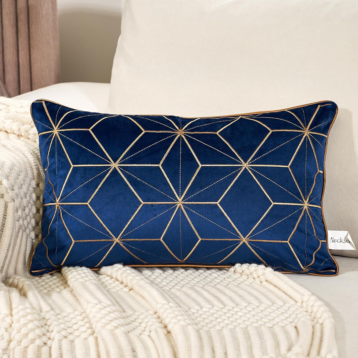 Aeckself Funda de cojín de terciopelo bordada de terciopelo de 12 x 20 pulgadas, color azul marino y dorado, funda de cojín rectangular moderna de