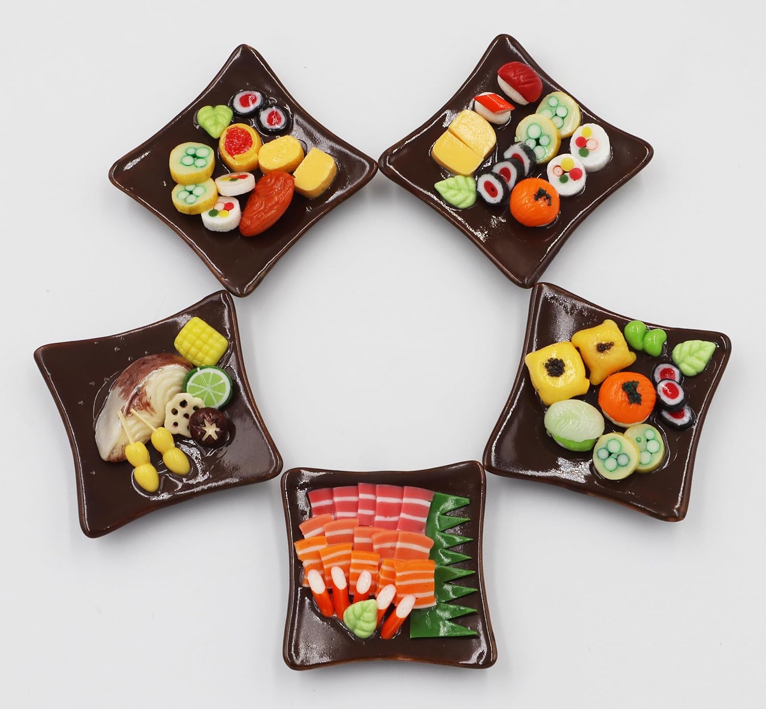Juego de 5 piezas de comida en miniatura de sushi Bento en plato de cerámica, casa de muñecas, alimentos en miniatura, para el hogar, cocina en