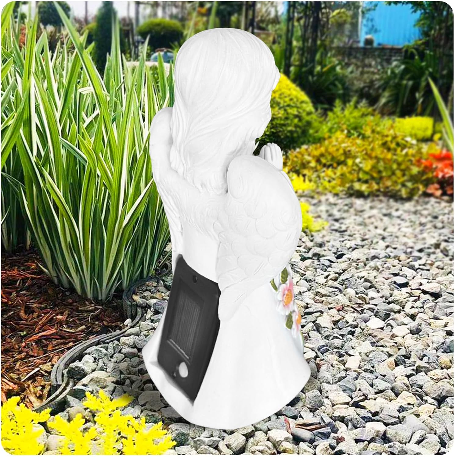 CrazyQueen Estatuas de ángulo para exteriores, decoración solar de jardín con luz, luz de ángel de la guarda, piedras conmemorativas para patio,