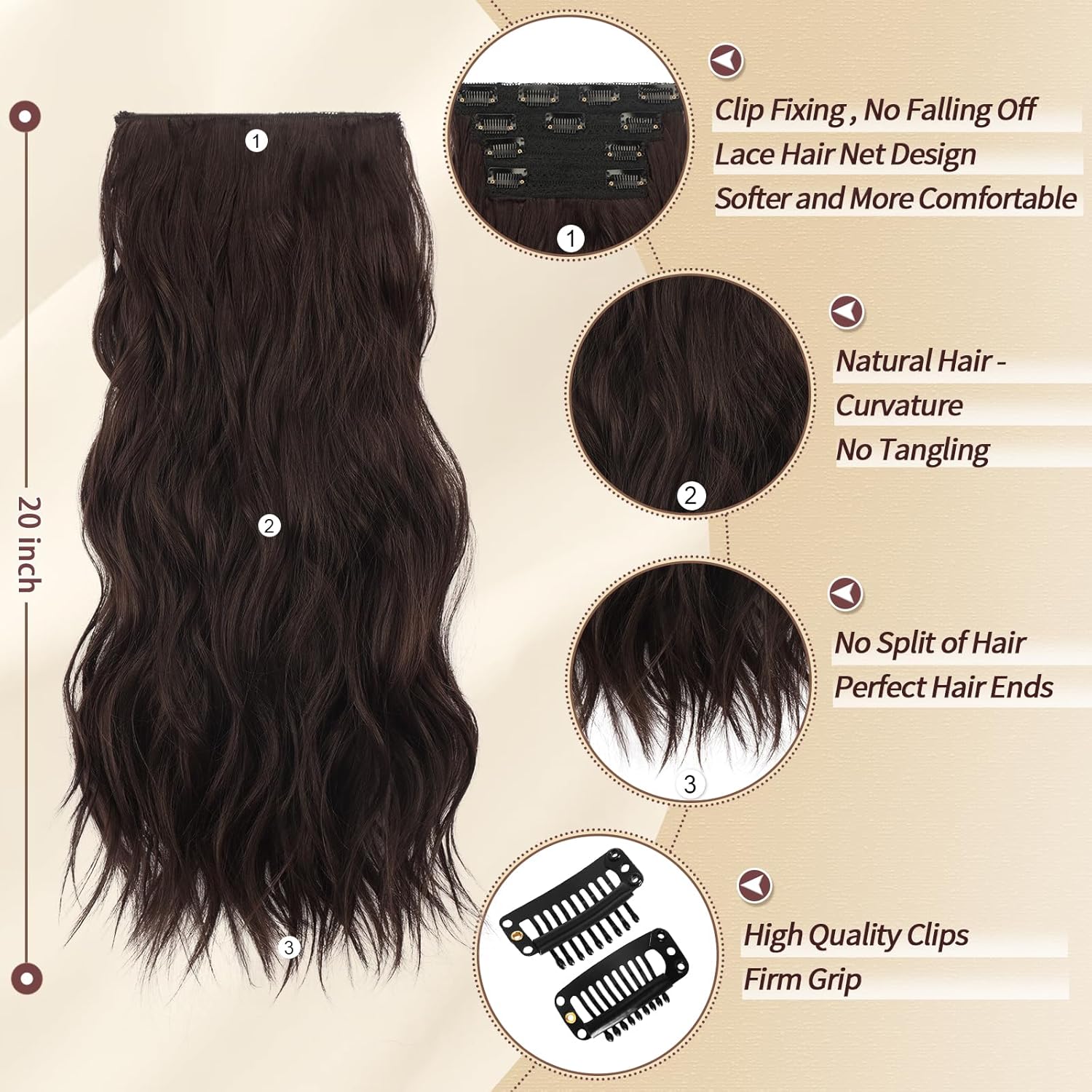 SOFEIYAN Extensiones de cabello con clip, 4 piezas, extensiones de cabello sintético largo ondulado marrón oscuro, extensiones de cabello sintético