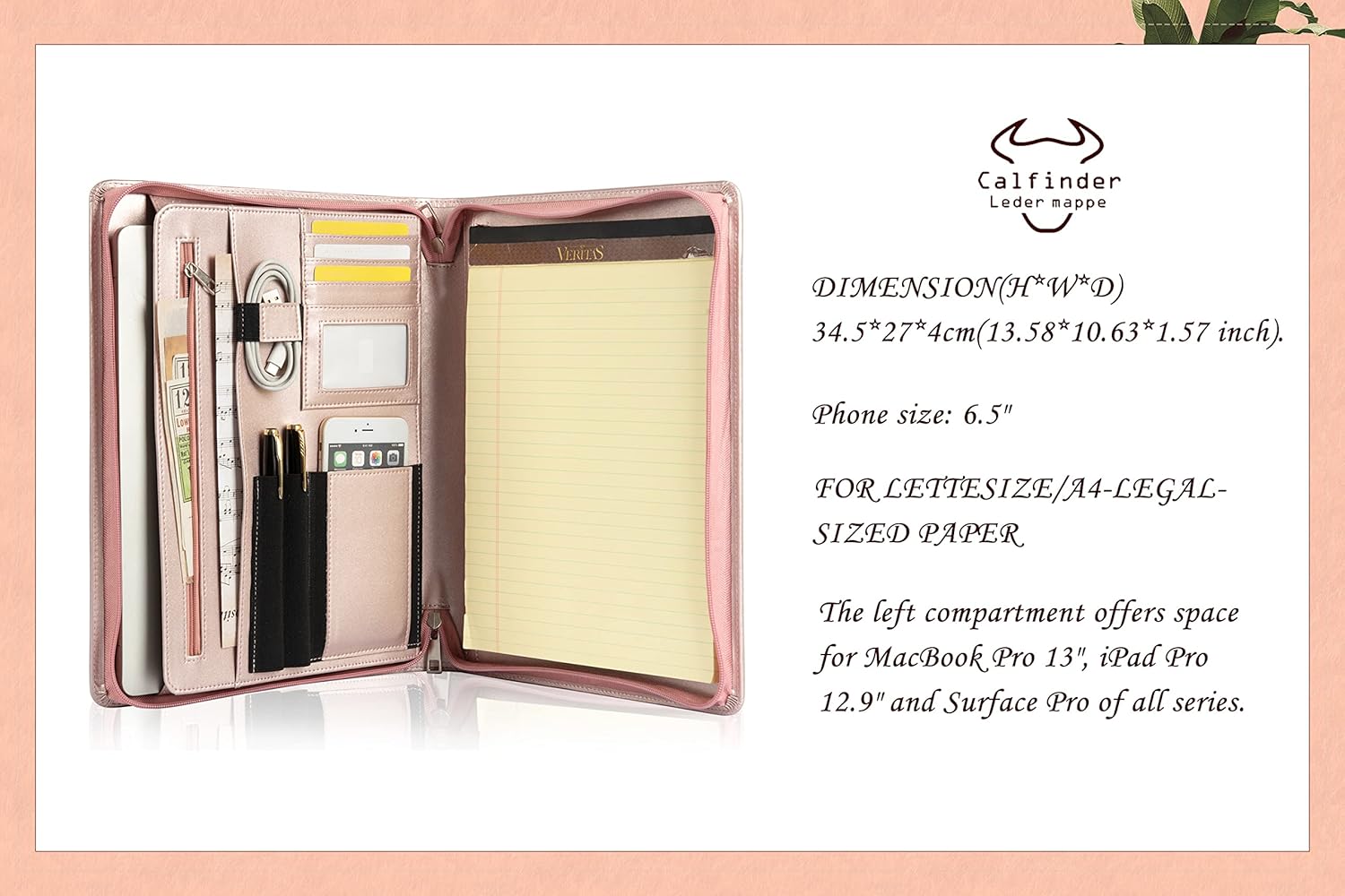 Portafolio de cuero personalizado con cremallera, cartera de negocios profesional con soporte para bloc de escritura de letras A4US para