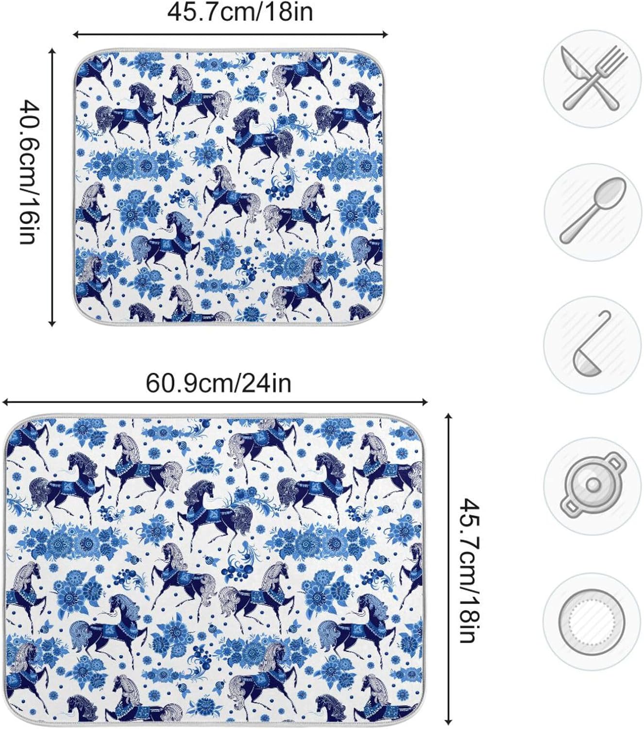 Stylized Blue Horse with Flowers Dish Drying Mat Washnable Absorbent Kitchen Counter Mat Countertop Protector Heat Resistant Tapete Para Cocina 16”
