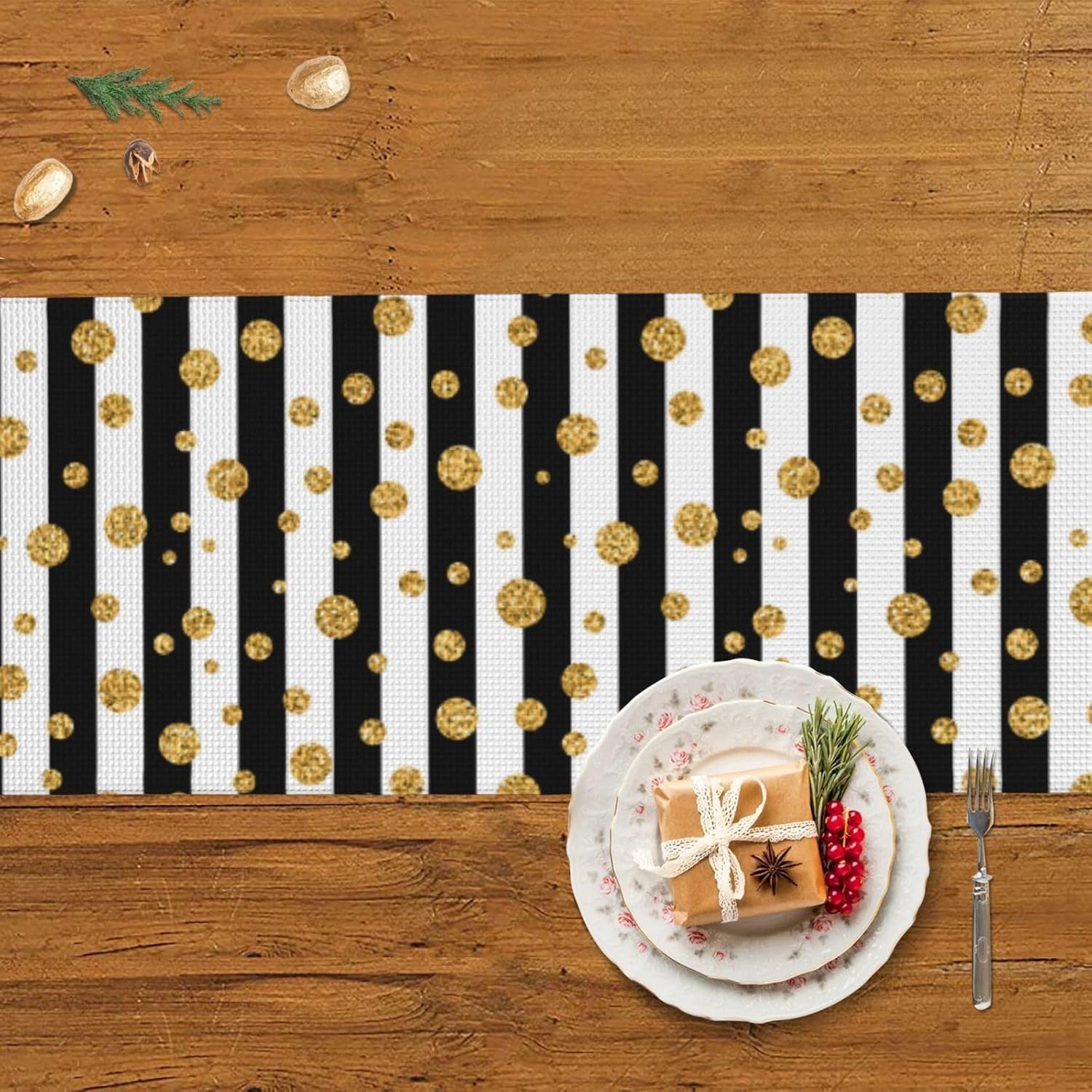 Striped Golden Polka Dots Christmas Table Runner Dining Table Decor Christmas Decorations Indoor Home Decor Christmas Table Runners Xmas Navidad