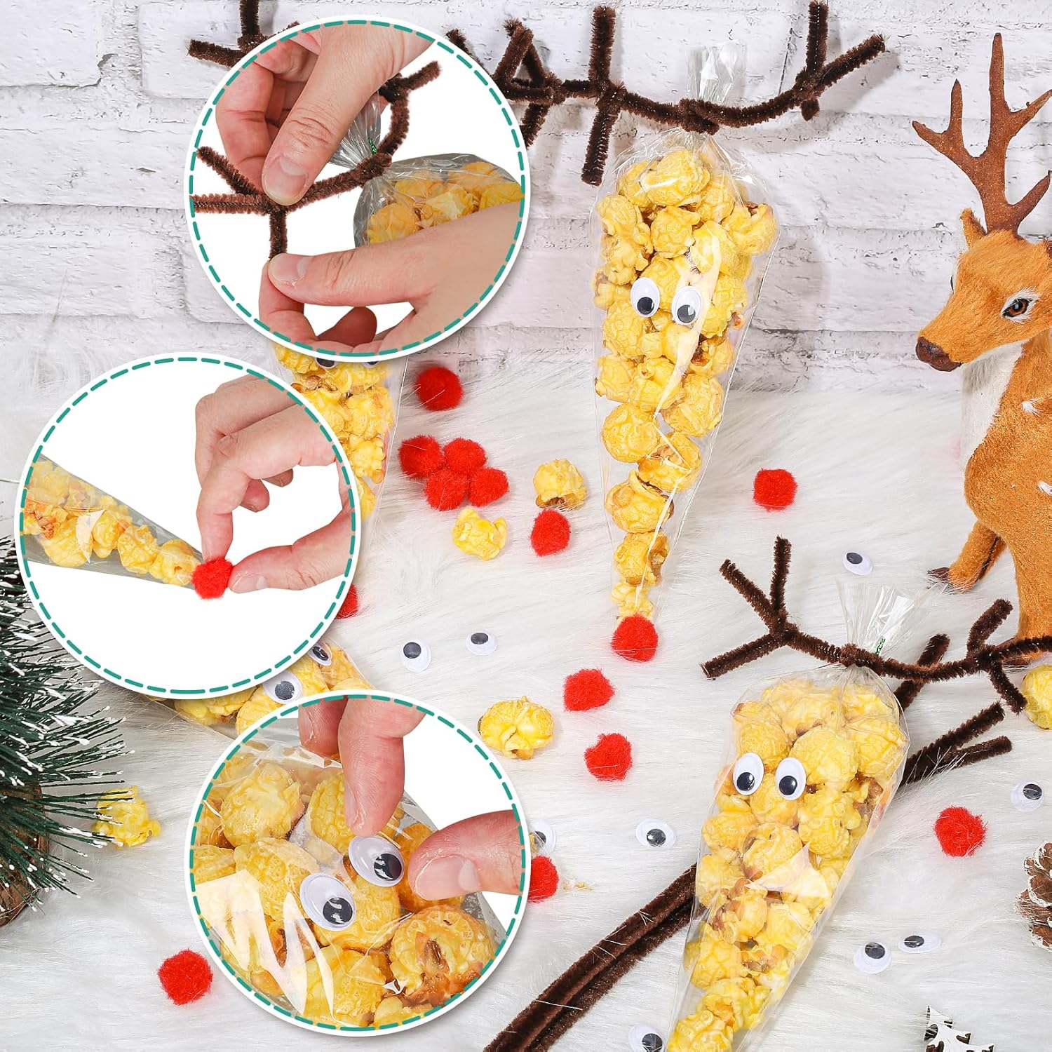 Whaline Juego de 500 bolsas de cono de Navidad transparentes, tallos de felpilla marrón, bolas de pompón rojo y ojos ondulados, juego de limpiadores