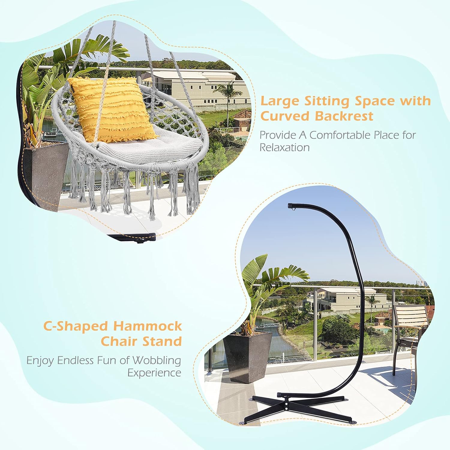 Giantex Hamaca Swing Silla con soporte, cuerda de algodón tejida a mano con soporte de acero sólido resistente C, hamaca colgante al aire libre para