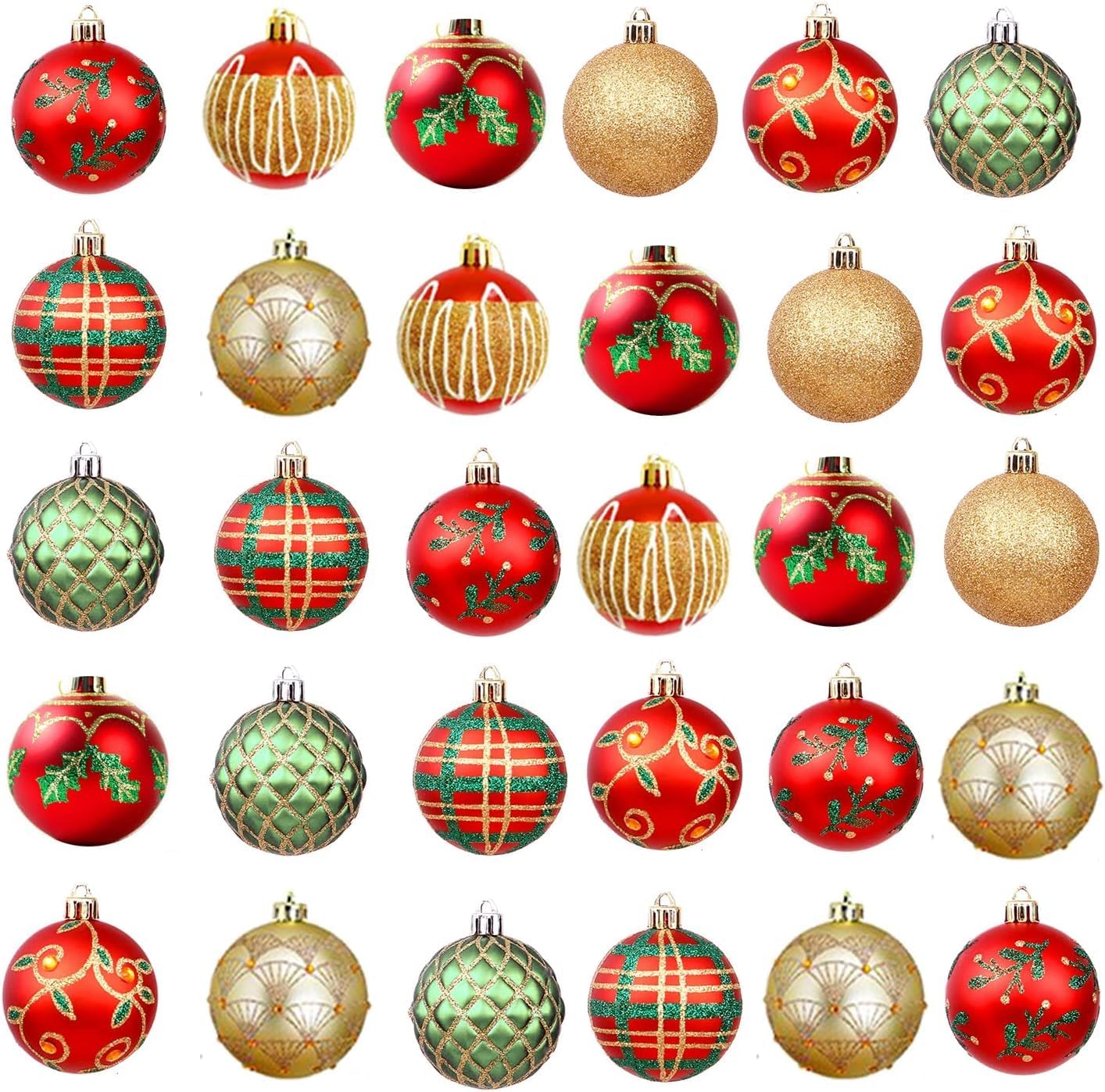 Juego de 30 bolas de Navidad para decoración de árbol de Navidad, 2.4 in, inastillables, adornos para árbol de Navidad, corona de Navidad y